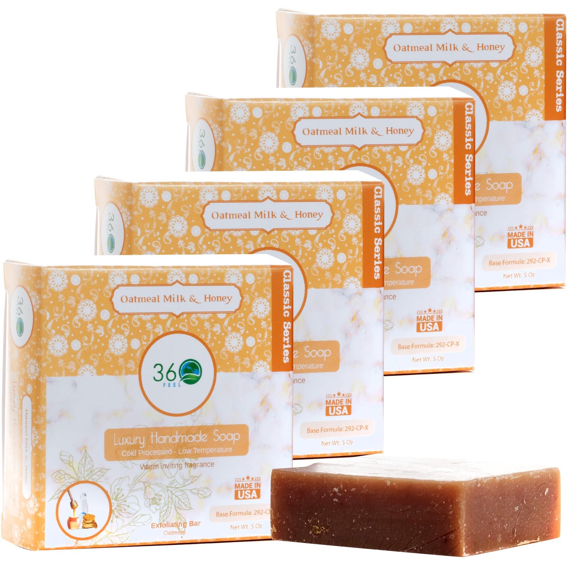 360Feel Oatmeal Milk And Honey Soap - Handcrafted Castile Soap Bar With Soothing Scent - Handmade With Essential Oils - Suitable Gift For Anniversaries, Weddings, And Holiday Stockings - 4 Pack