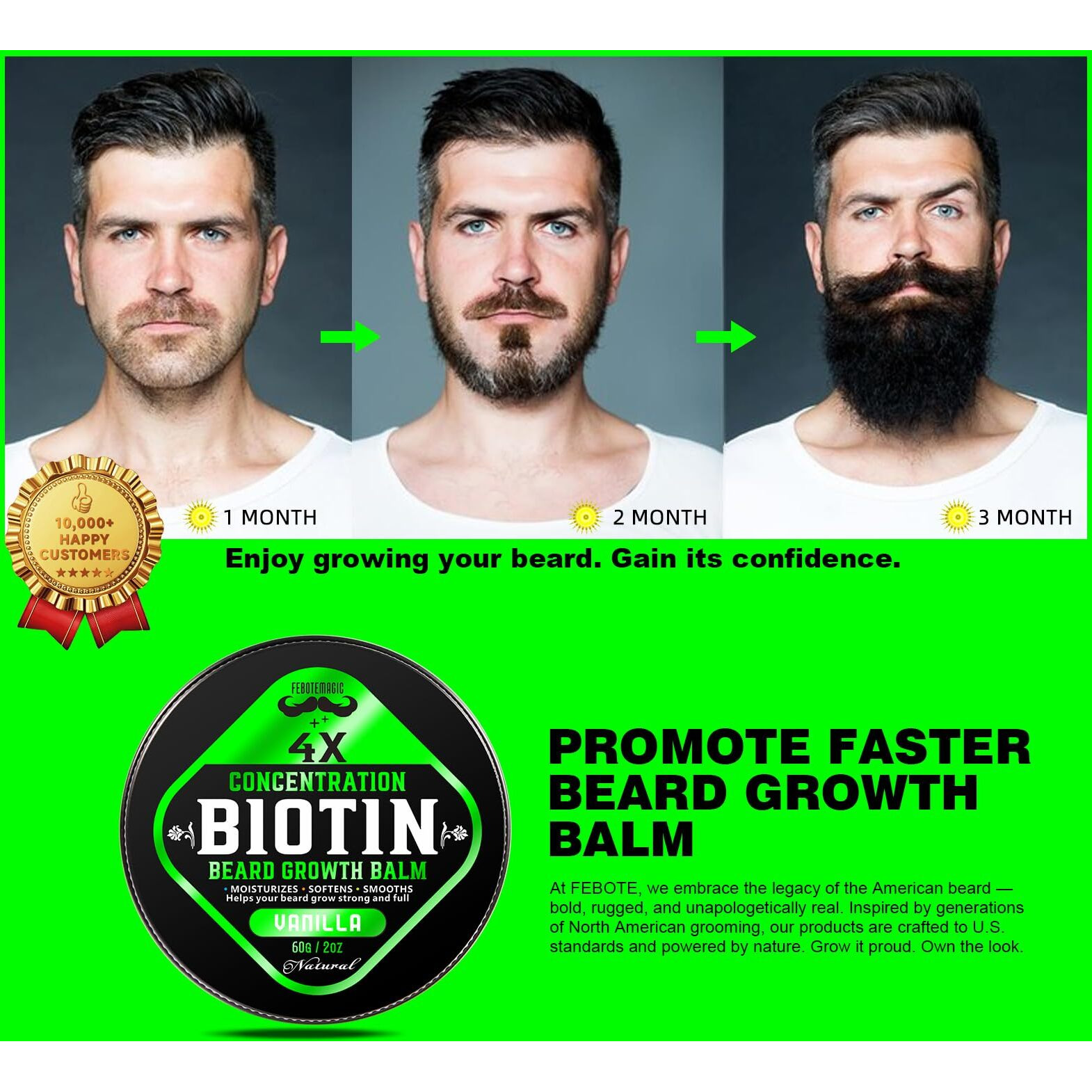Biotin Beard Growth Balm For Men - Conditioning & Thickening Balm With Castor, Shea & Jojoba Oils - Non-Greasy, Softens & Nourishes For Fuller, Thicker Facial Hair - Vanilla Scent - 2 Oz