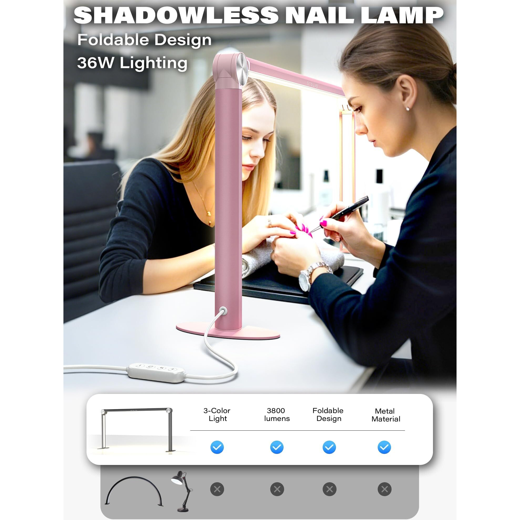 Stolas Half Moon Light For Nail Desk With Phone Holder, 14 Inch Height 3 Modes 3000K-6000K Dimmable Led Light, Desk Lamp For Nail Tech (Pink)