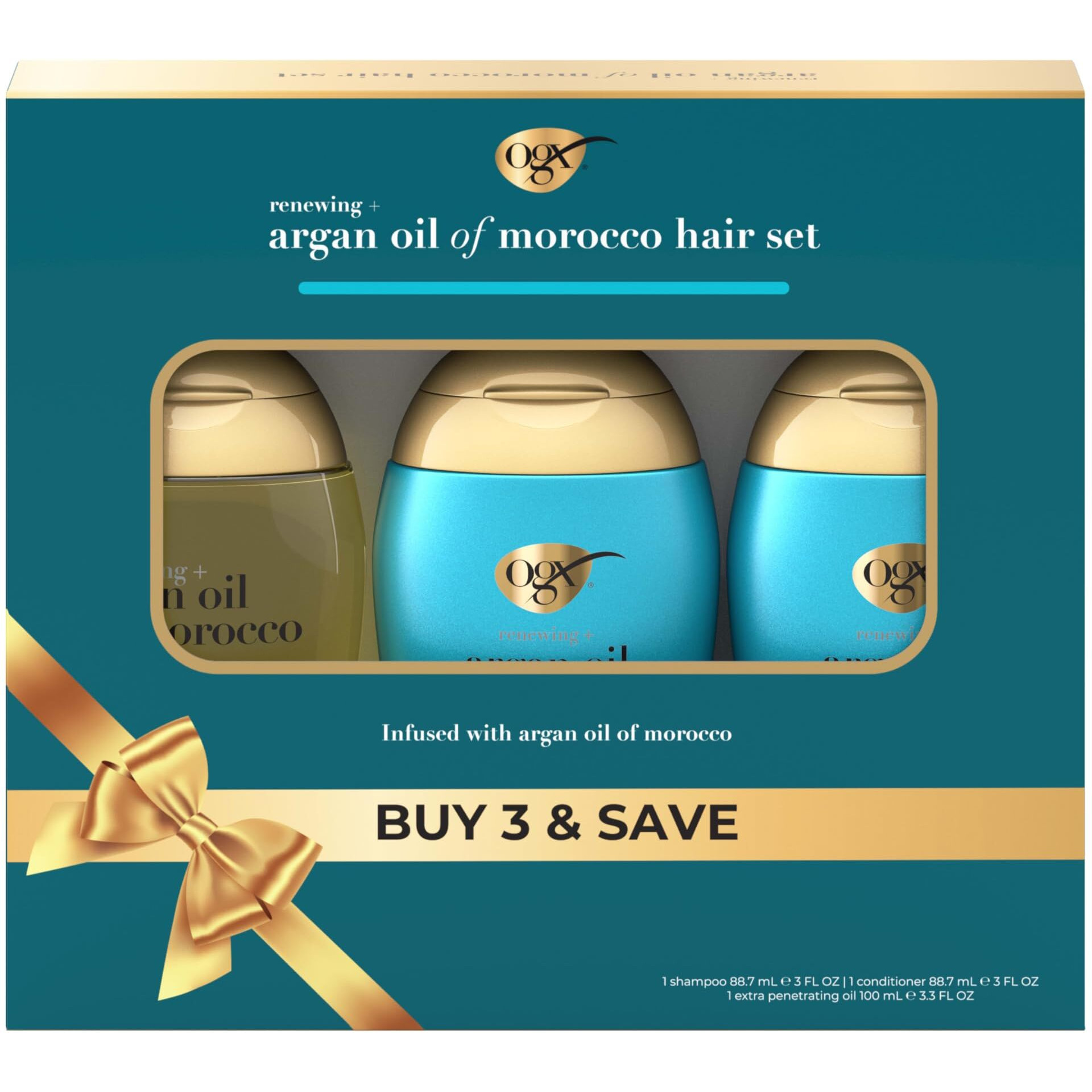 Ogx Renewing + Argan Oil Of Morocco Travel Size Hair Care Set, Damage Repairing Shampoo And Conditioner, 2X 3 Fl. Oz, And Ogx Extra Penetrating Hair Oil Treatment, 3.3 Fl. Oz, 3 Items