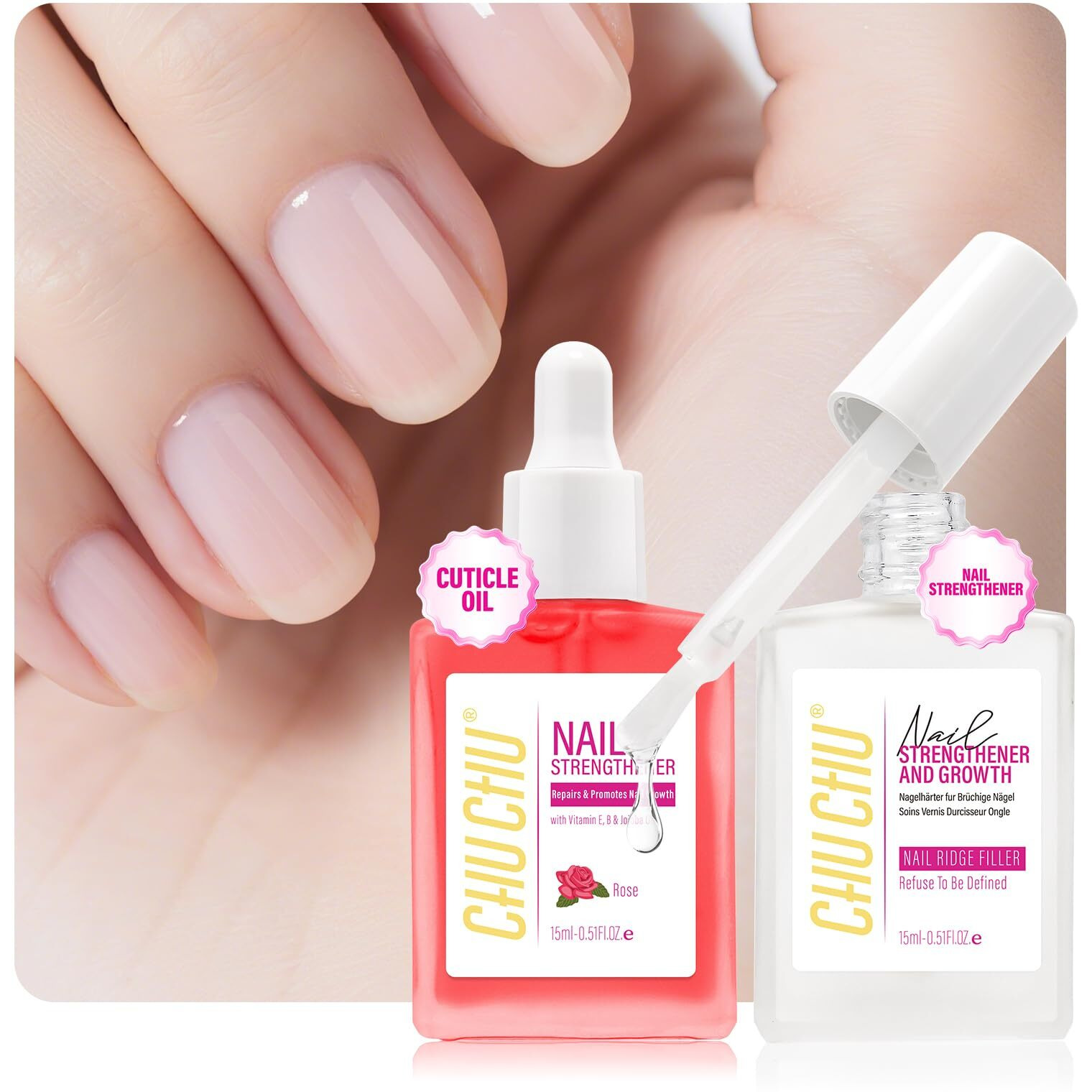 2 In 1 Nail Strengthener And Rose Cuticle Oil Set Clear Nail Hardener Polish Extra Strong And Growth - Repair Brittle Damaged Dry Nail And Cuticle - For Women Beginner Home Salon Gift