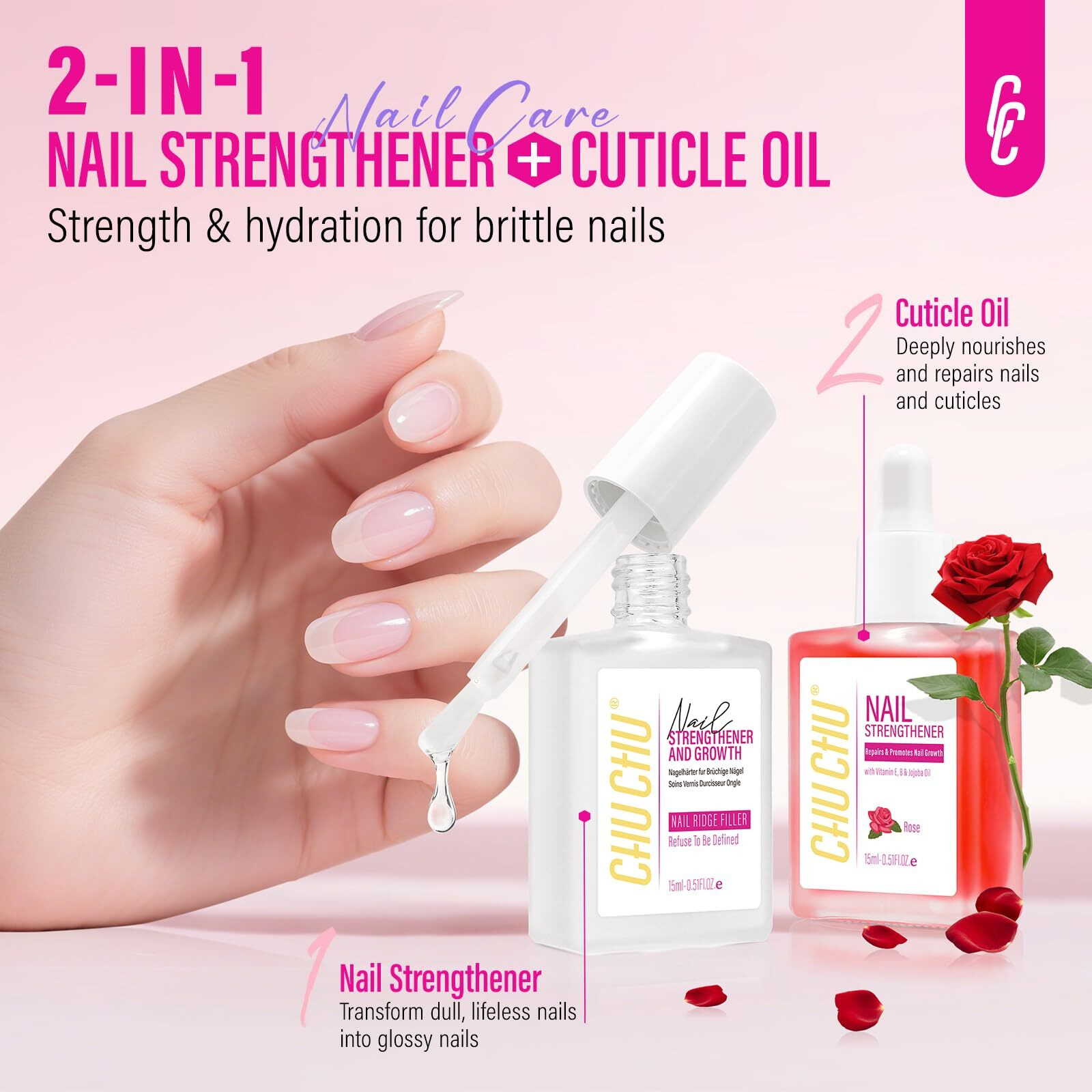 2 In 1 Nail Strengthener And Rose Cuticle Oil Set Clear Nail Hardener Polish Extra Strong And Growth - Repair Brittle Damaged Dry Nail And Cuticle - For Women Beginner Home Salon Gift
