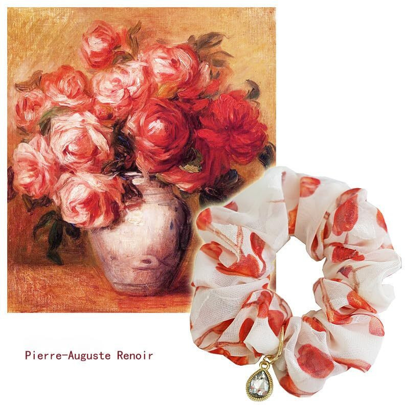 Bekyni Fresh Elegant Korean Scrunchies - Floral Chiffon Hair Ties With Rhinestone Embellishments - Vintage Oil Painting Style Fabric Head Flowers (Red, 1 Count)