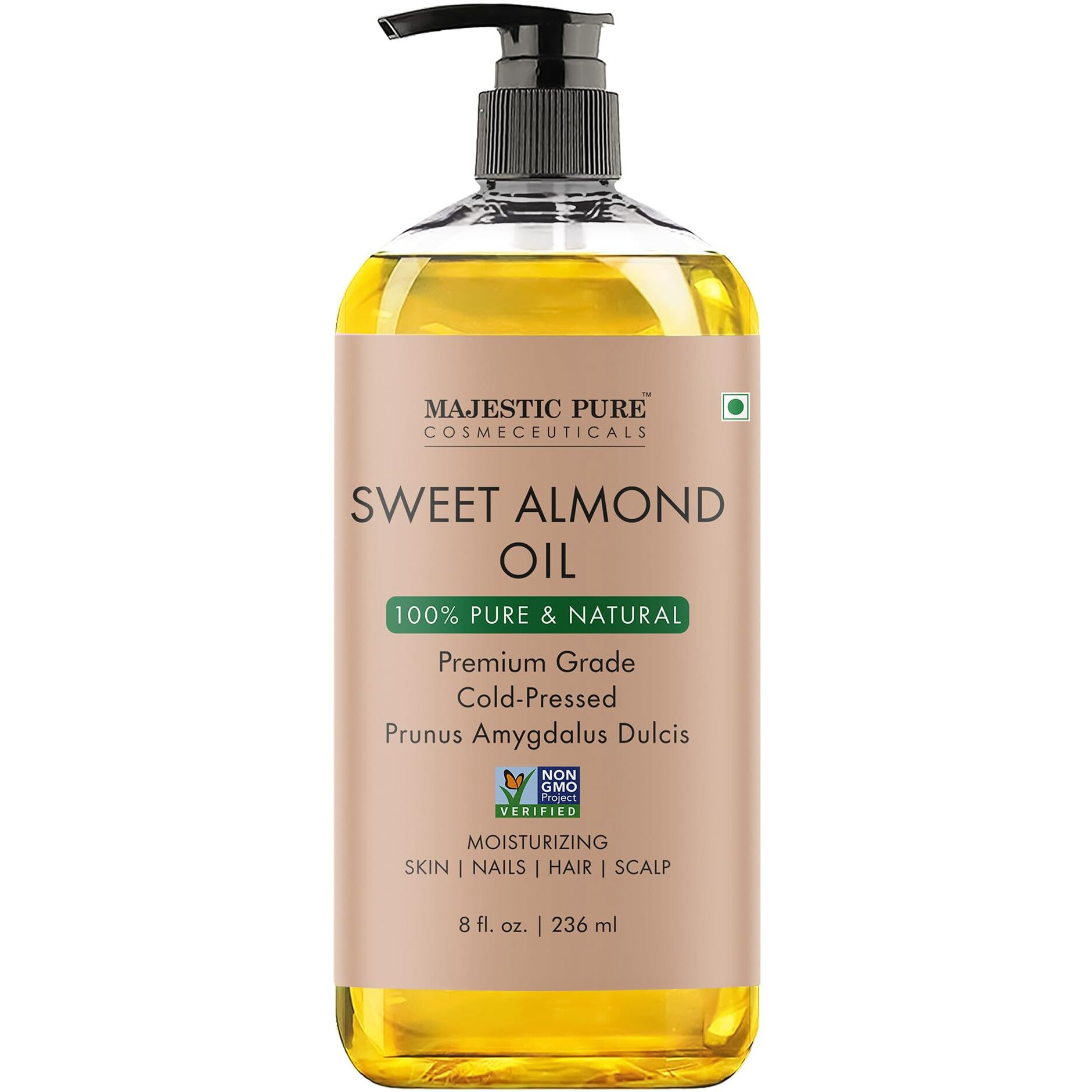 Majestic Pure Sweet Almond Oil, Triple A Grade Quality, Pure And Natural From Spain, Cold Pressed, (Packaging May Vary) - 8 Fl Oz