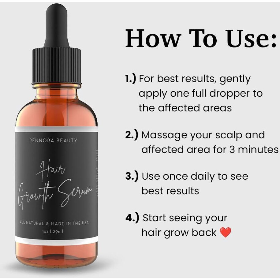 Rennora Hair Growth Serum With Organic Herbs And Natural Vitamins, Peppermint Oil, Stinging Nettle, And Rosemary Oil, No Chemicals, Formulated For Hair Regrowth (1 Pack - 30 Day Supply)