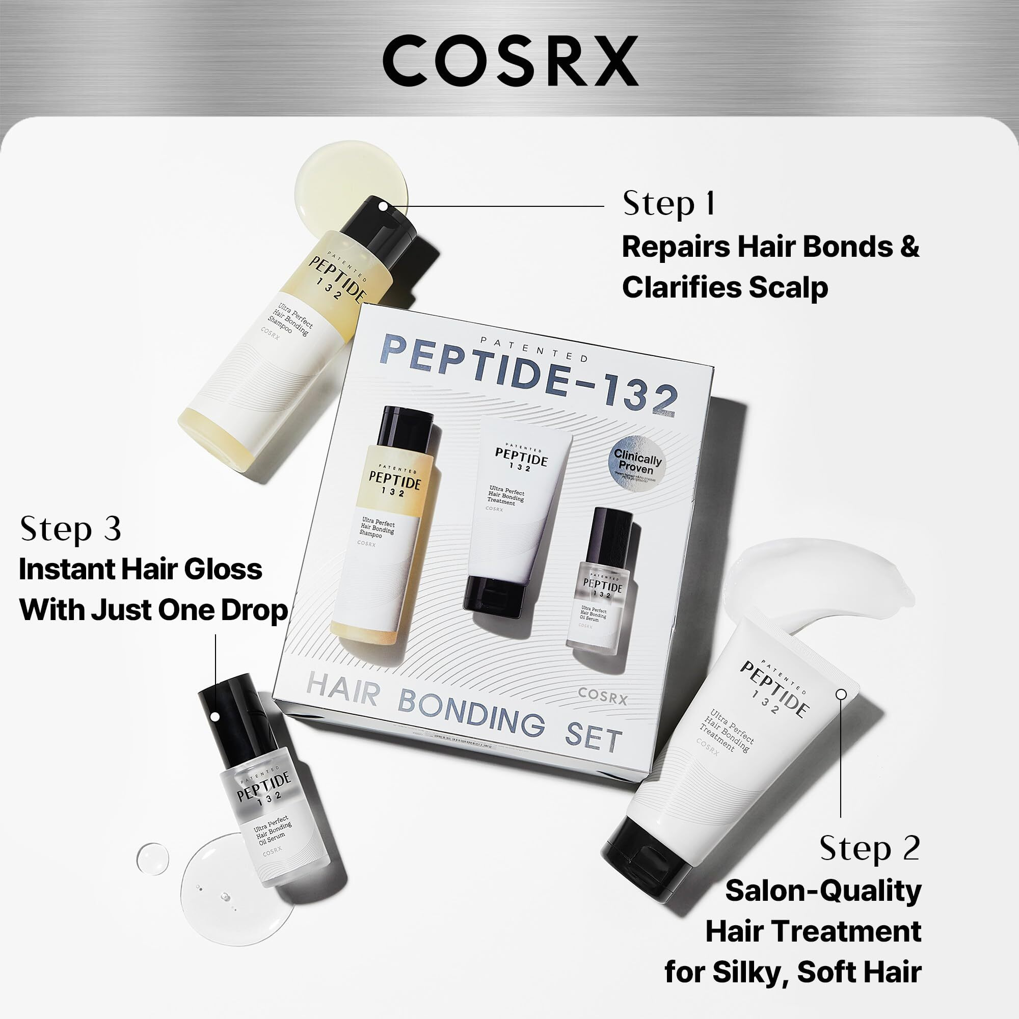 Cosrx Peptide 132 Hair Care Set - Bonding Shampoo, Treatment & Oil Serum, Bond Repair Treatment Hair Gift Set For Damaged, Dry Hair, Daily Scalp Treatment For Dandruff, Dry, Itchy Or Flaky Scalp