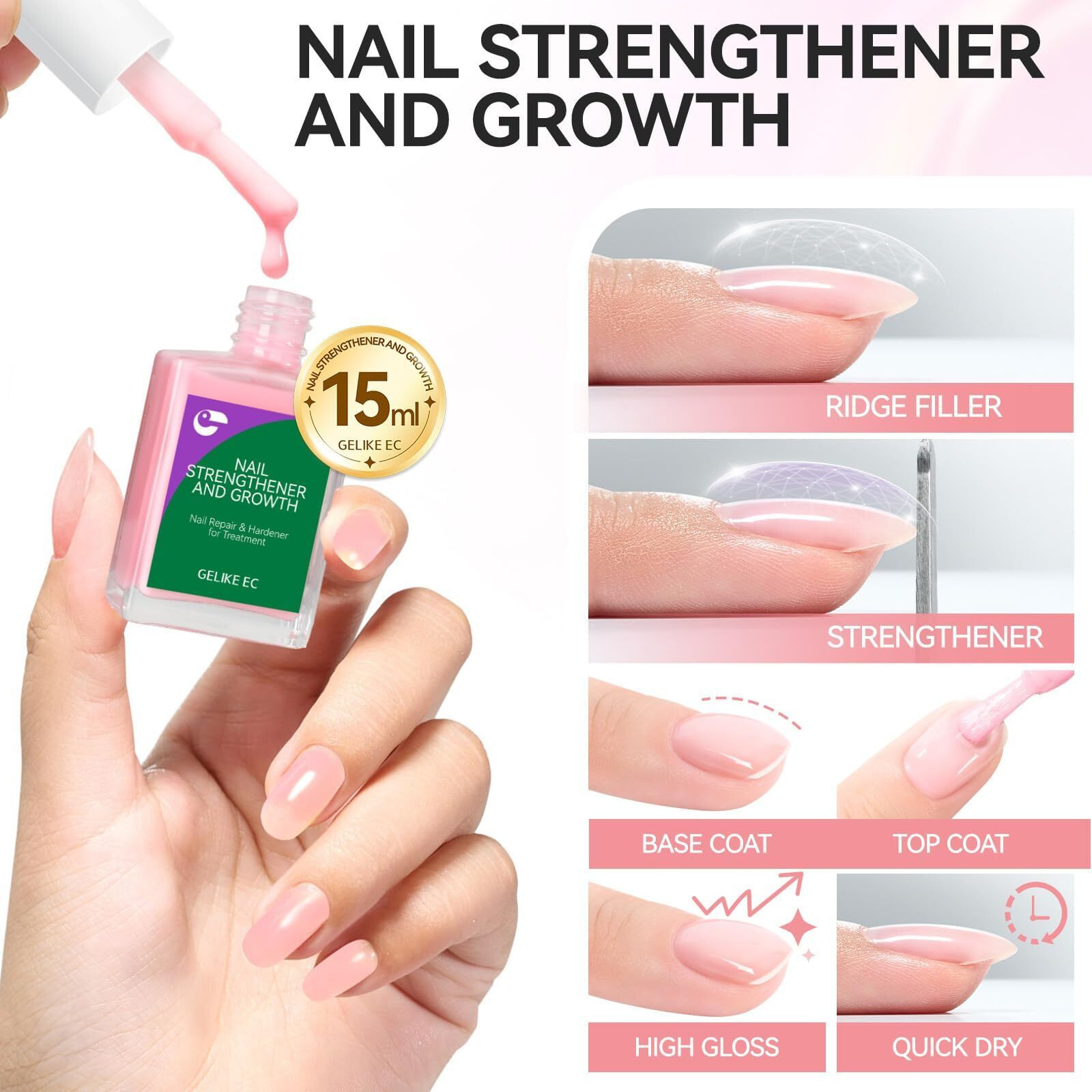 Nail Strengthener Protein For Damaged Nails Pink 15Ml 6 In 1 Natural Nail Hardener Extra Strong And Growth - Long Lasting Repair For Damaged Nails - Growth Oil For Salon Home Daily Work