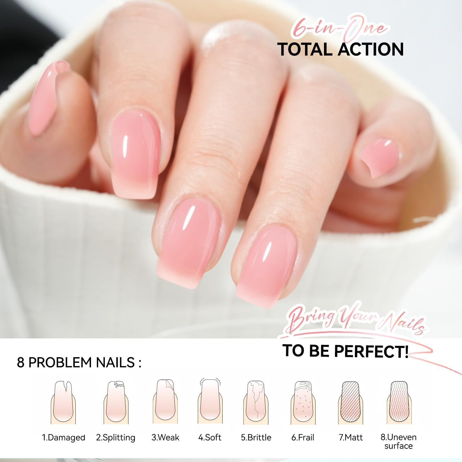 Nail Strengthener Protein For Damaged Nails Pink 15Ml 6 In 1 Natural Nail Hardener Extra Strong And Growth - Long Lasting Repair For Damaged Nails - Growth Oil For Salon Home Daily Work