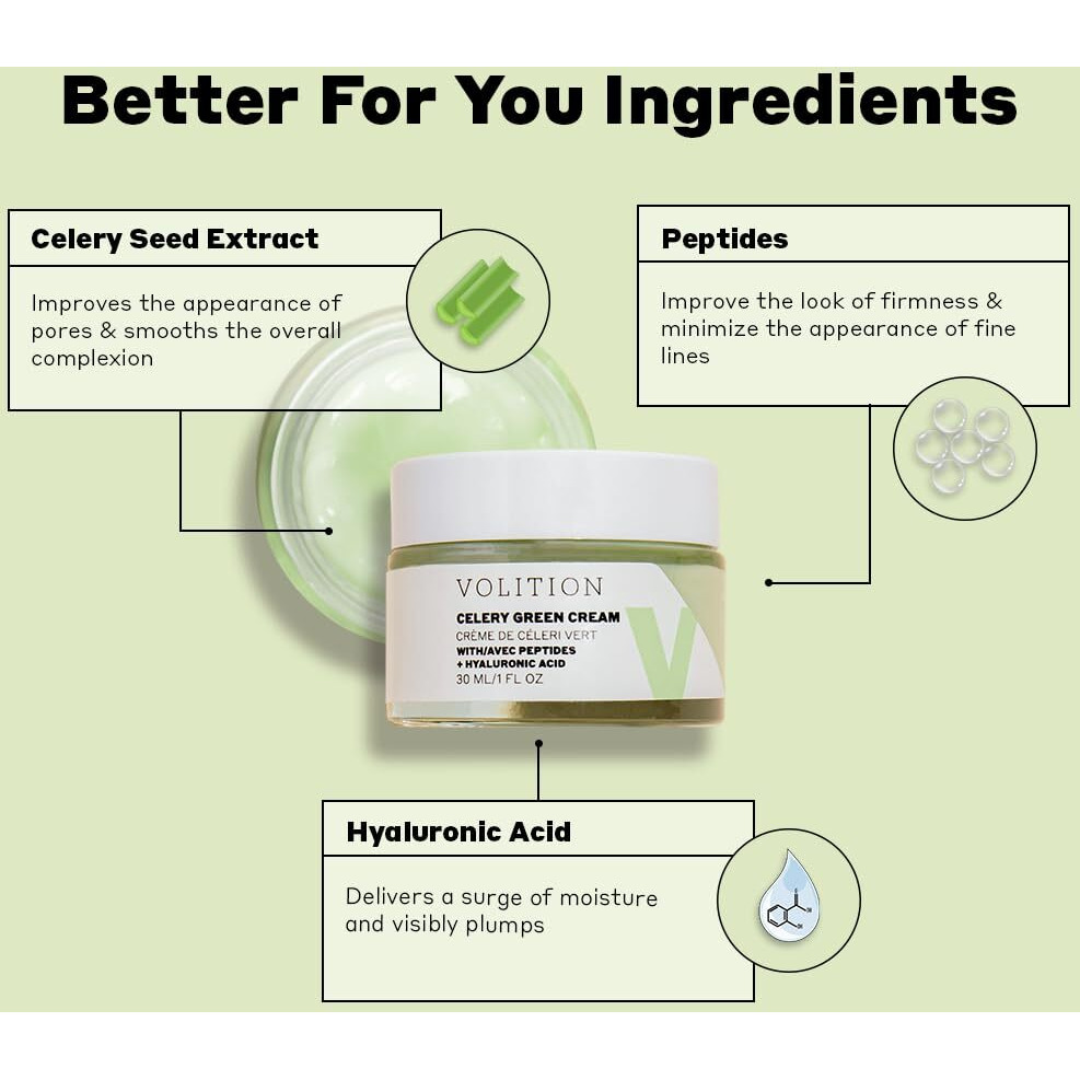Volition Beauty Celery Green Cream With Hyaluronic Acid + Peptides - Purifies, Minimizes Pores And Controls Oil - 1Oz