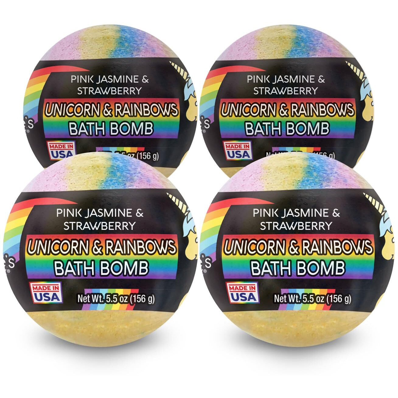 Nature's Beauty Unicorns & Rainbows, Pink Jasmine & Strawberry Scent Bath Bomb For Kids Multi-Pack - Natural, Non-Staining, Fun Bubbly Fizzy Spa Bomb, Made W/Coconut Oil + Witch Hazel, 5.5Oz (4 Pack)