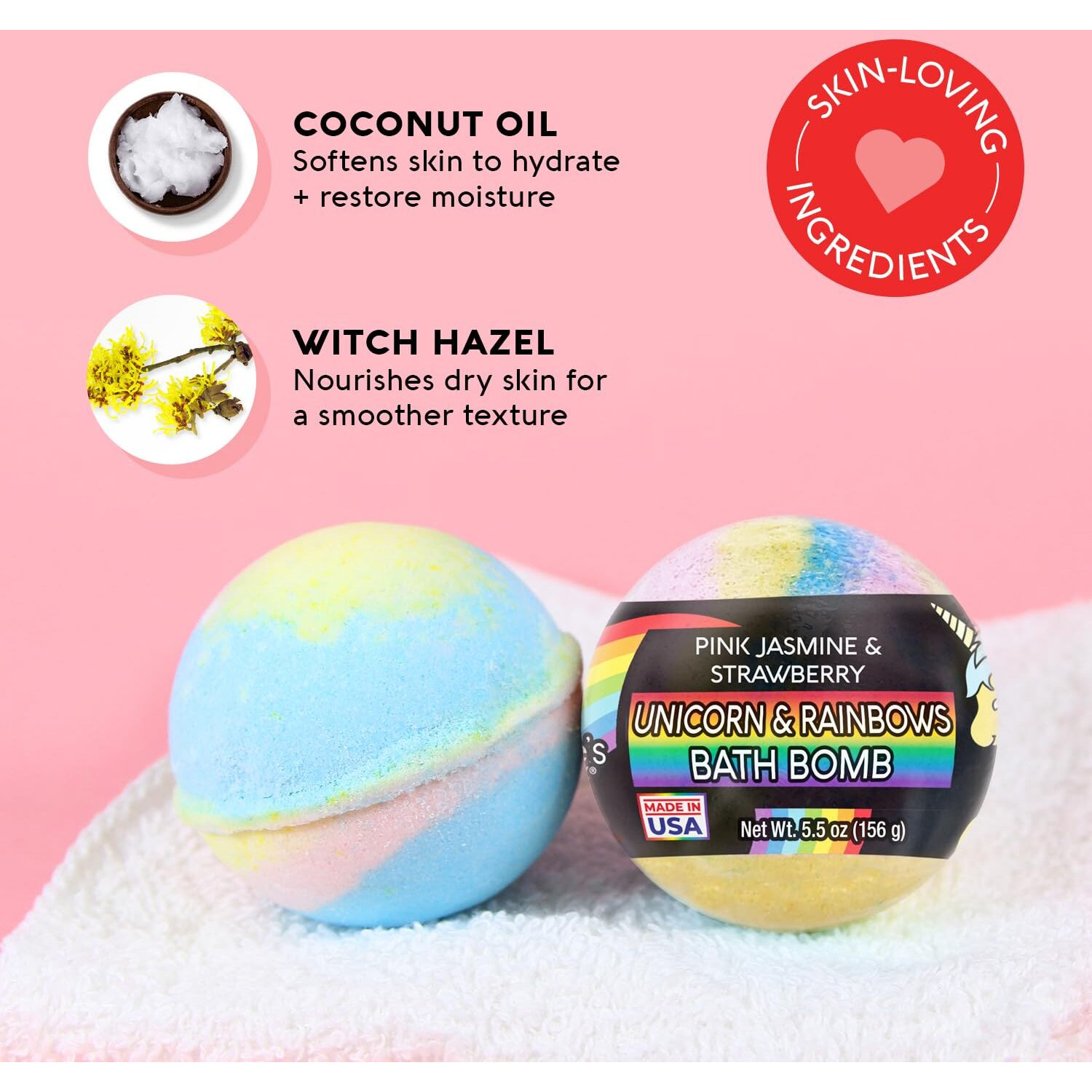Nature's Beauty Unicorns & Rainbows, Pink Jasmine & Strawberry Scent Bath Bomb For Kids Multi-Pack - Natural, Non-Staining, Fun Bubbly Fizzy Spa Bomb, Made W/Coconut Oil + Witch Hazel, 5.5Oz (4 Pack)