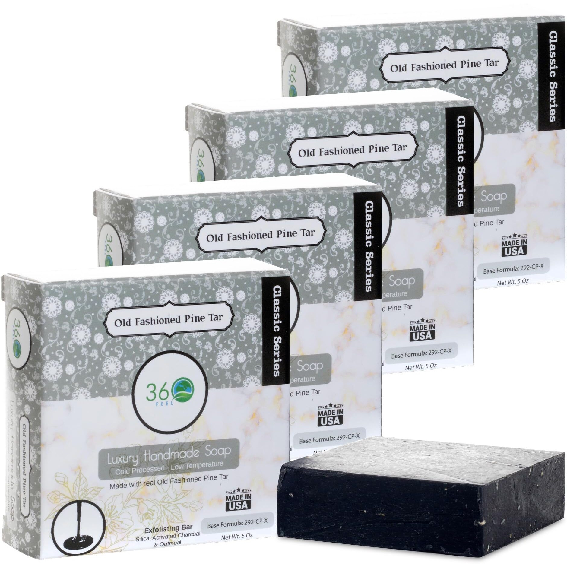 360Feel Pine Tar Soap - Handcrafted Castile Soap Bar With Soothing Scent - Handmade With Essential Oils - Suitable Gift For Anniversaries, Weddings, And Holiday Stockings - 4 Pack