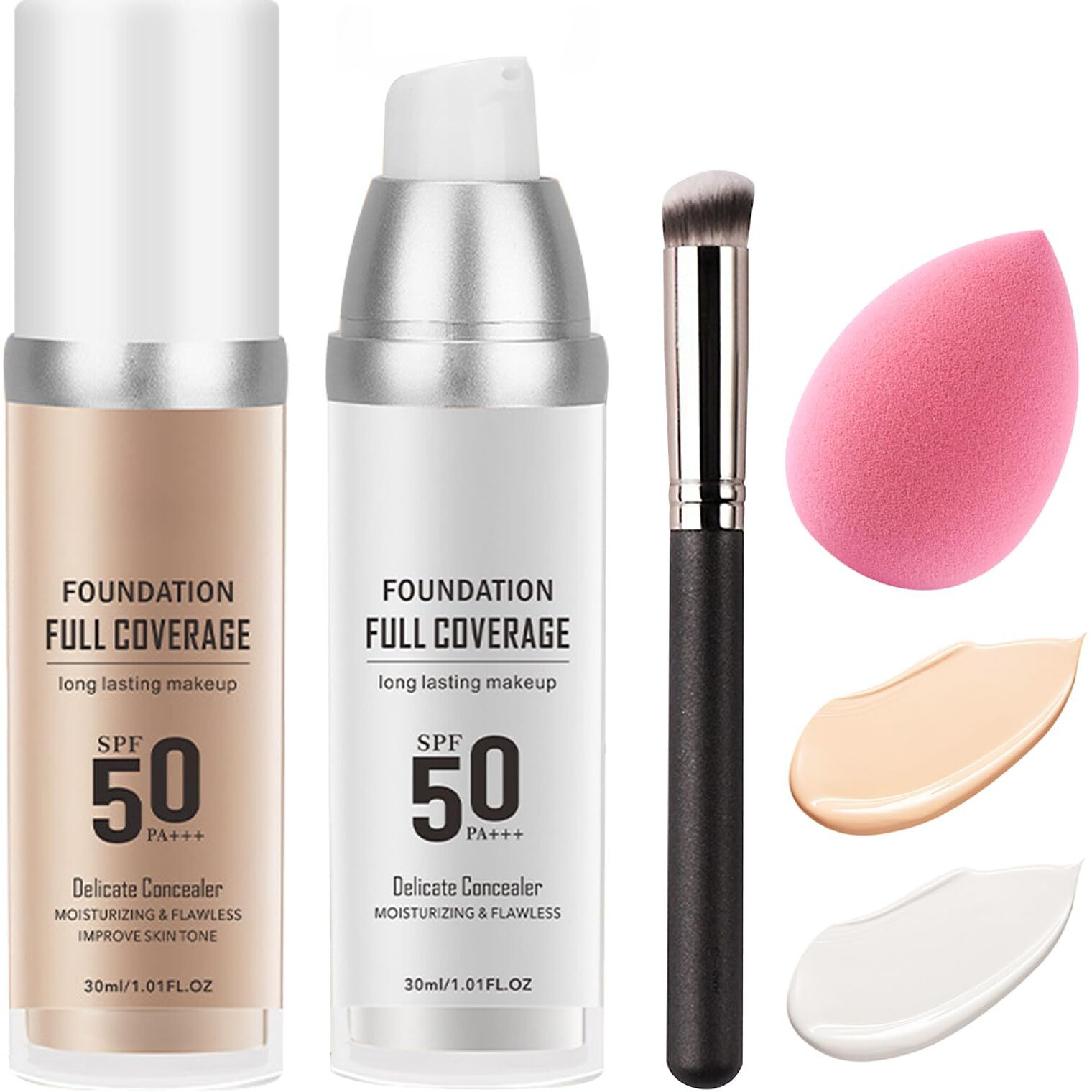 Color Changing With Natural Color Foundation,Brush And Makeup Sponge,Spf 50 Pa+++ Oil Control Full Coverage Liquid Foundation Makeup,Flawless Moisturizing Concealer For All Skin Types