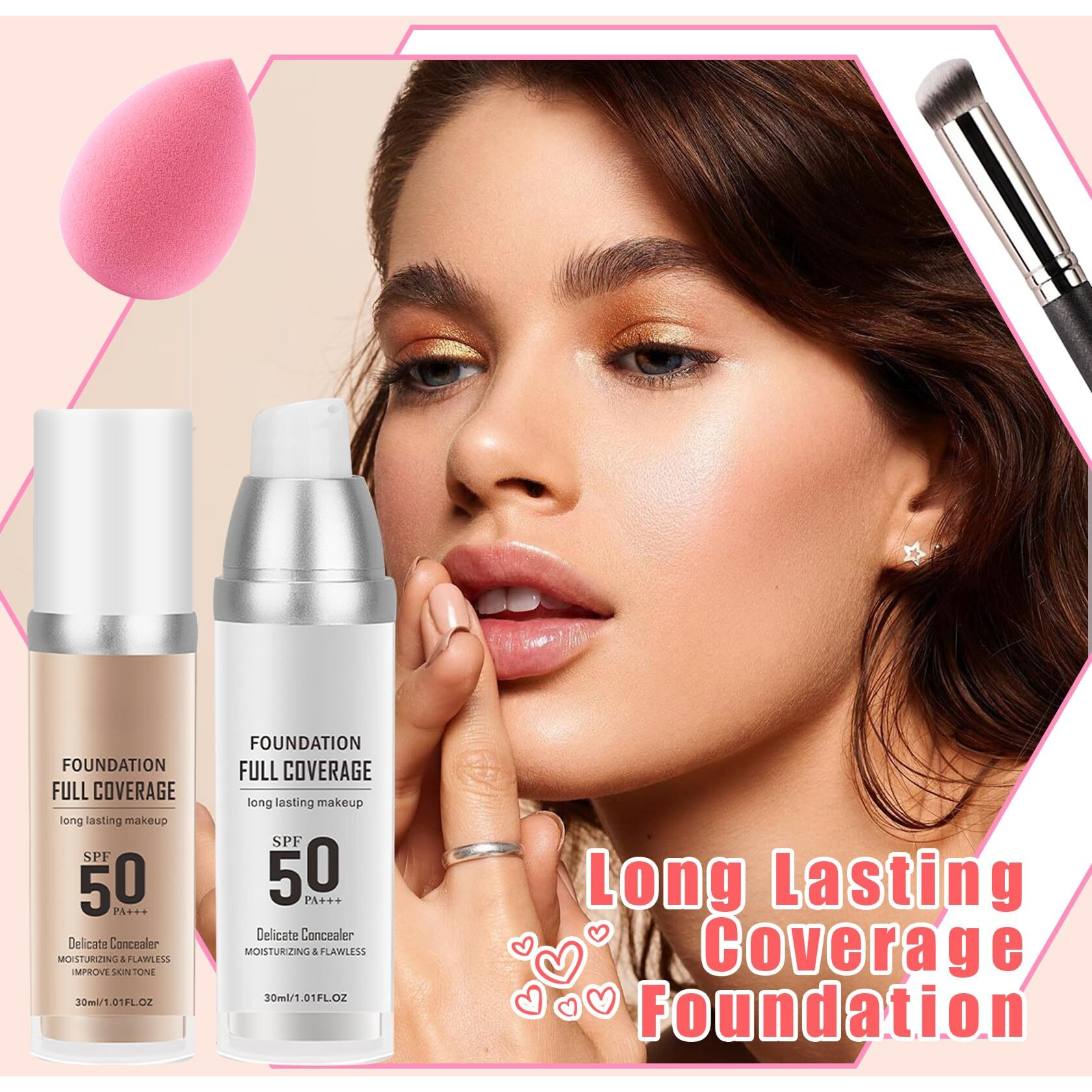 Color Changing With Natural Color Foundation,Brush And Makeup Sponge,Spf 50 Pa+++ Oil Control Full Coverage Liquid Foundation Makeup,Flawless Moisturizing Concealer For All Skin Types