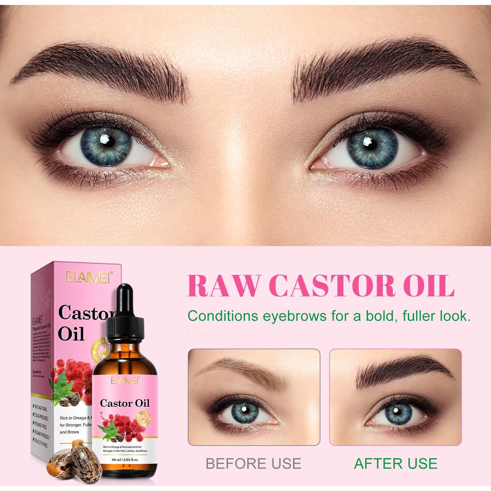 Castor Oil Cold Pressed Unrefined Glass Bottle - Boost Hair Growth For Thicker, Fuller Hair, Lashes & Eyebrows, Deep Hydration For Healthy Hair & Skin Care, 2 Fl Oz