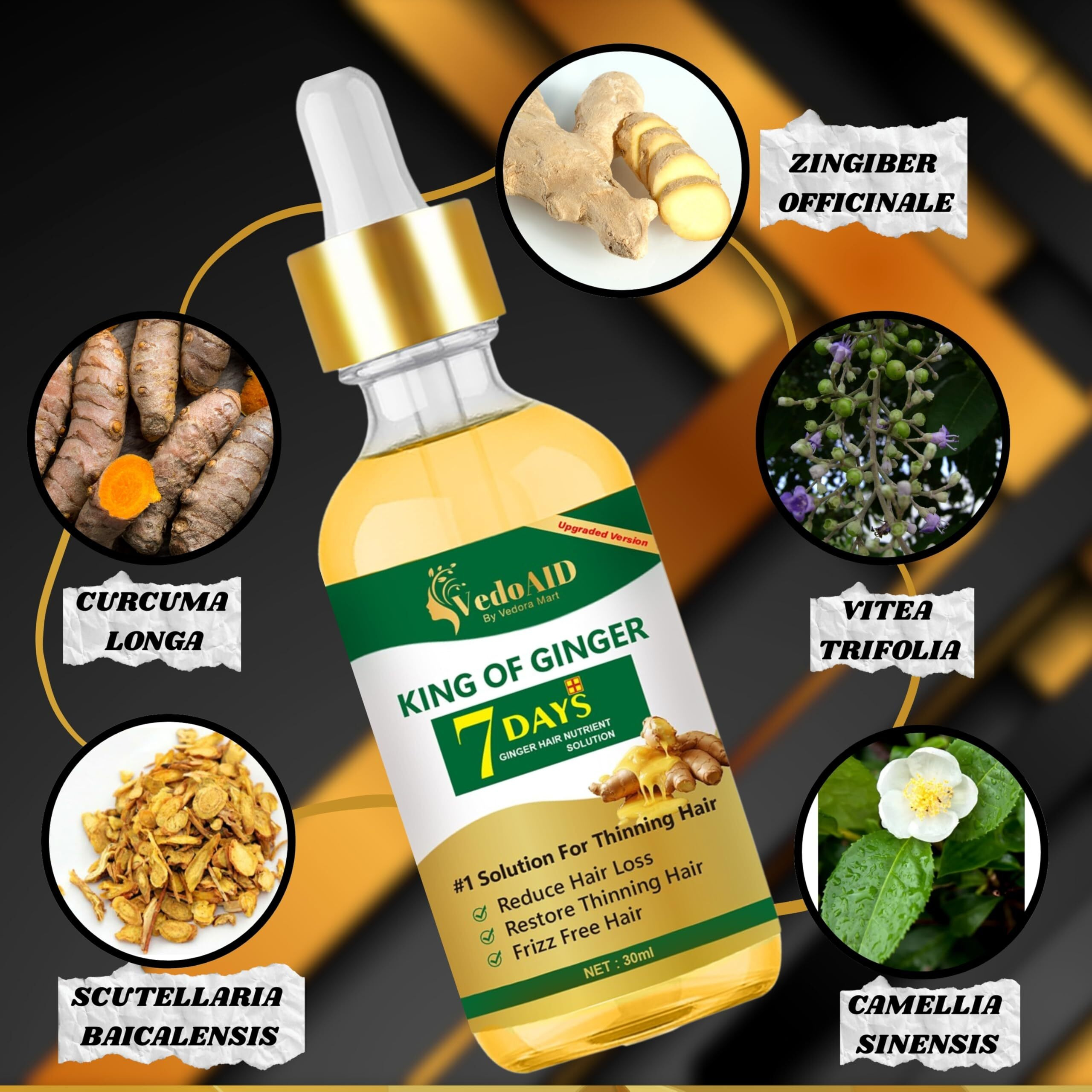 Vedoaid Ginger Oil For Hair Growth - Biotin Hair Growth Serum, 100% Pure Natural Ginger Essential Oil - Promotes Stronger, Thicker, Longer Hair In Women & Men (1Pc, Upgraded)