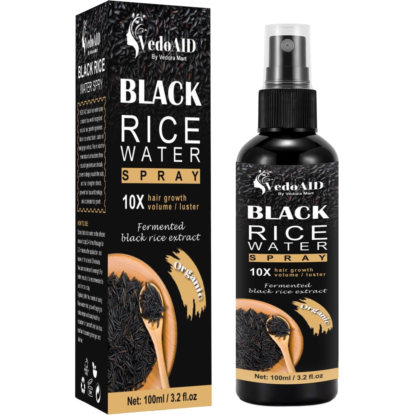 Vedoaid Black Rice Water Spray For Hair Growth - Organic Hair Serum With Castor Oil & Ginger Root - Strengthens, Thickens & Repairs Hair - Hair Loss Treatment For Women & Men - 100Ml/3.2 Fl.Oz (1Pc)