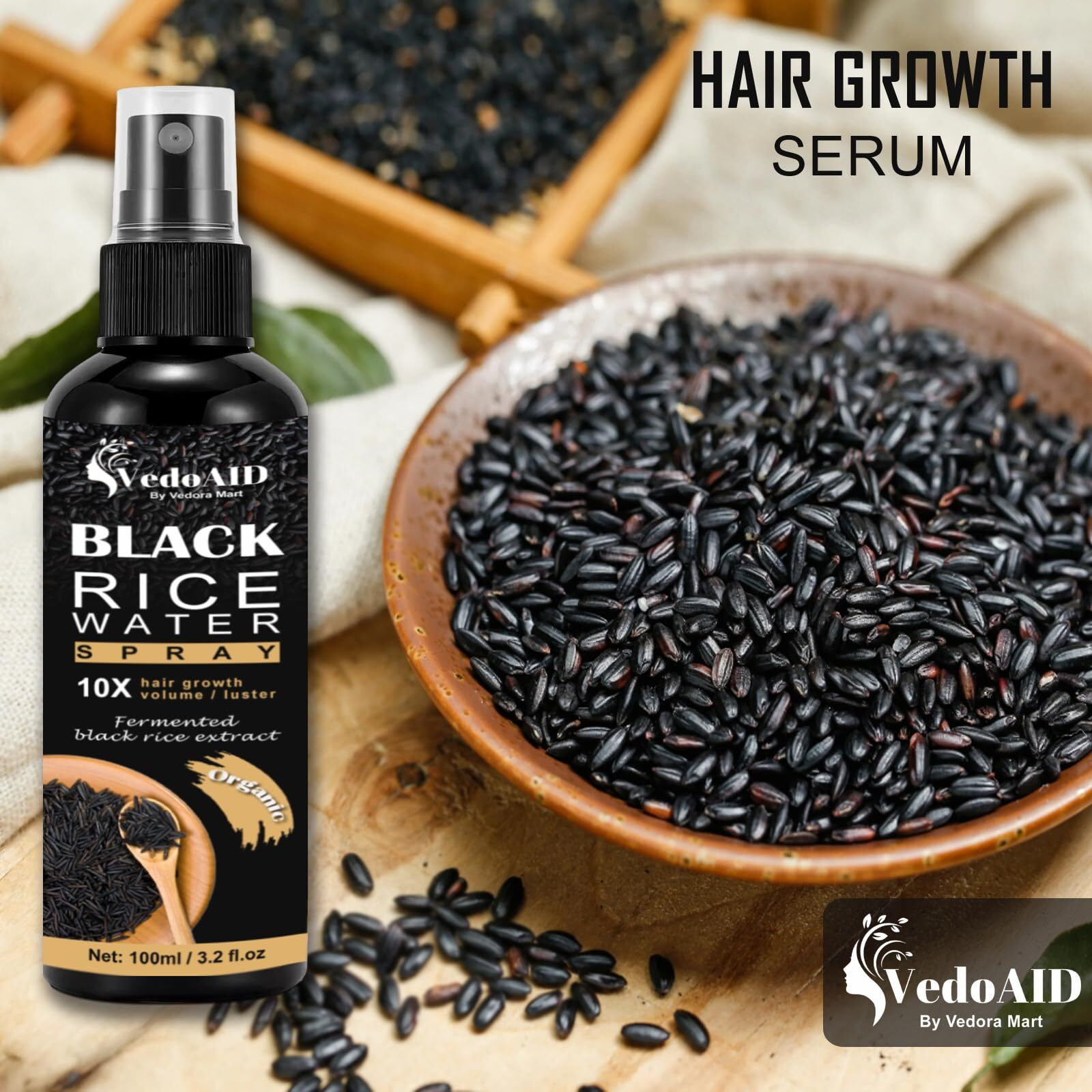 Vedoaid Black Rice Water Spray For Hair Growth - Organic Hair Serum With Castor Oil & Ginger Root - Strengthens, Thickens & Repairs Hair - Hair Loss Treatment For Women & Men - 100Ml/3.2 Fl.Oz (1Pc)
