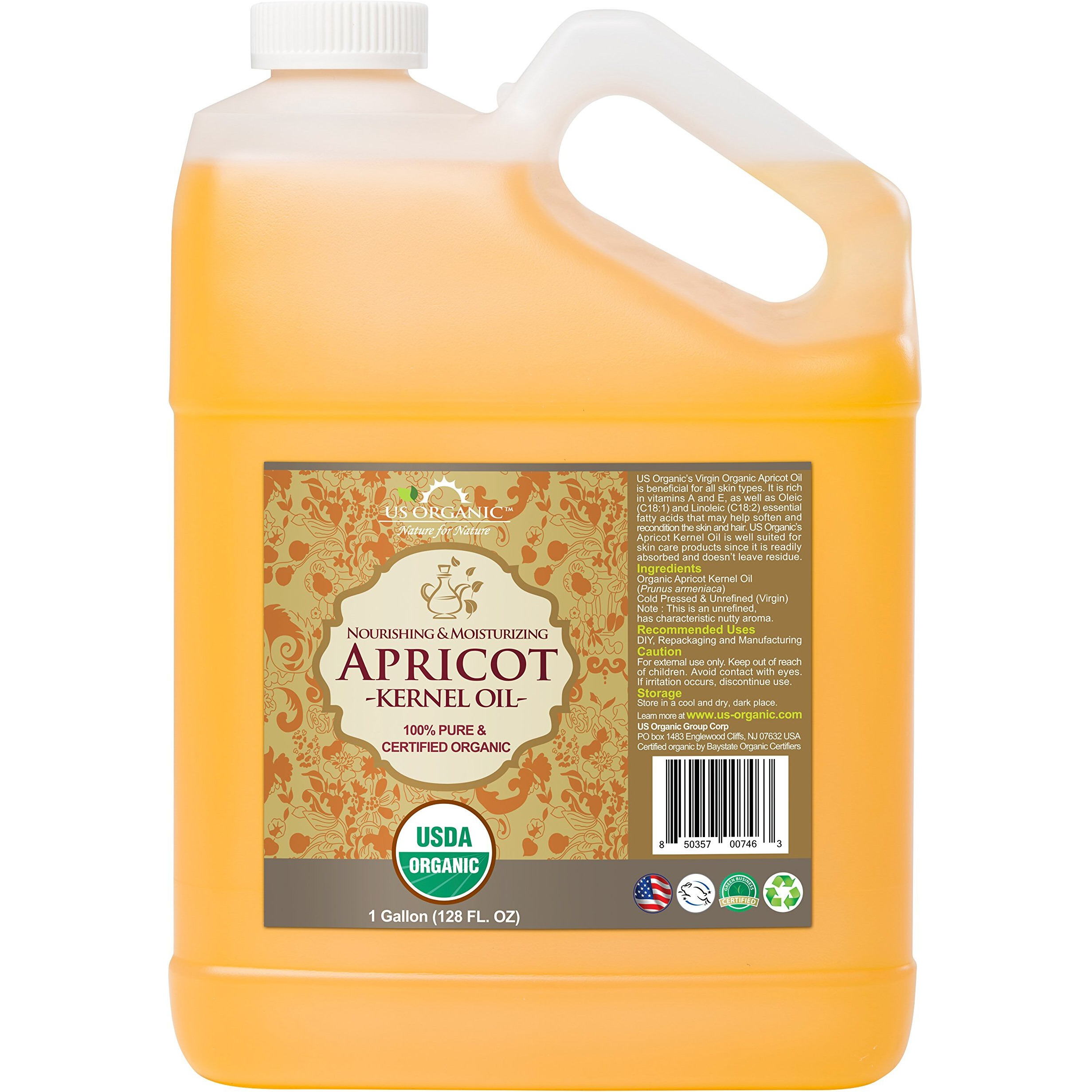 Us Organic Apricot Kernel Oil, Usda Certified Organic,100% Pure & Natural, Cold Pressed Virgin, Unrefined, Size For Diy And Small Manufacturers (128 Oz (1 Gallon))