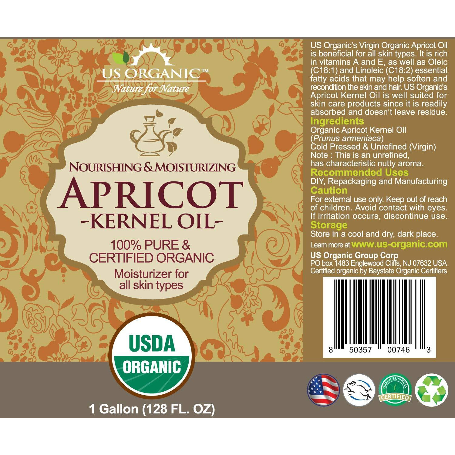 Us Organic Apricot Kernel Oil, Usda Certified Organic,100% Pure & Natural, Cold Pressed Virgin, Unrefined, Size For Diy And Small Manufacturers (128 Oz (1 Gallon))