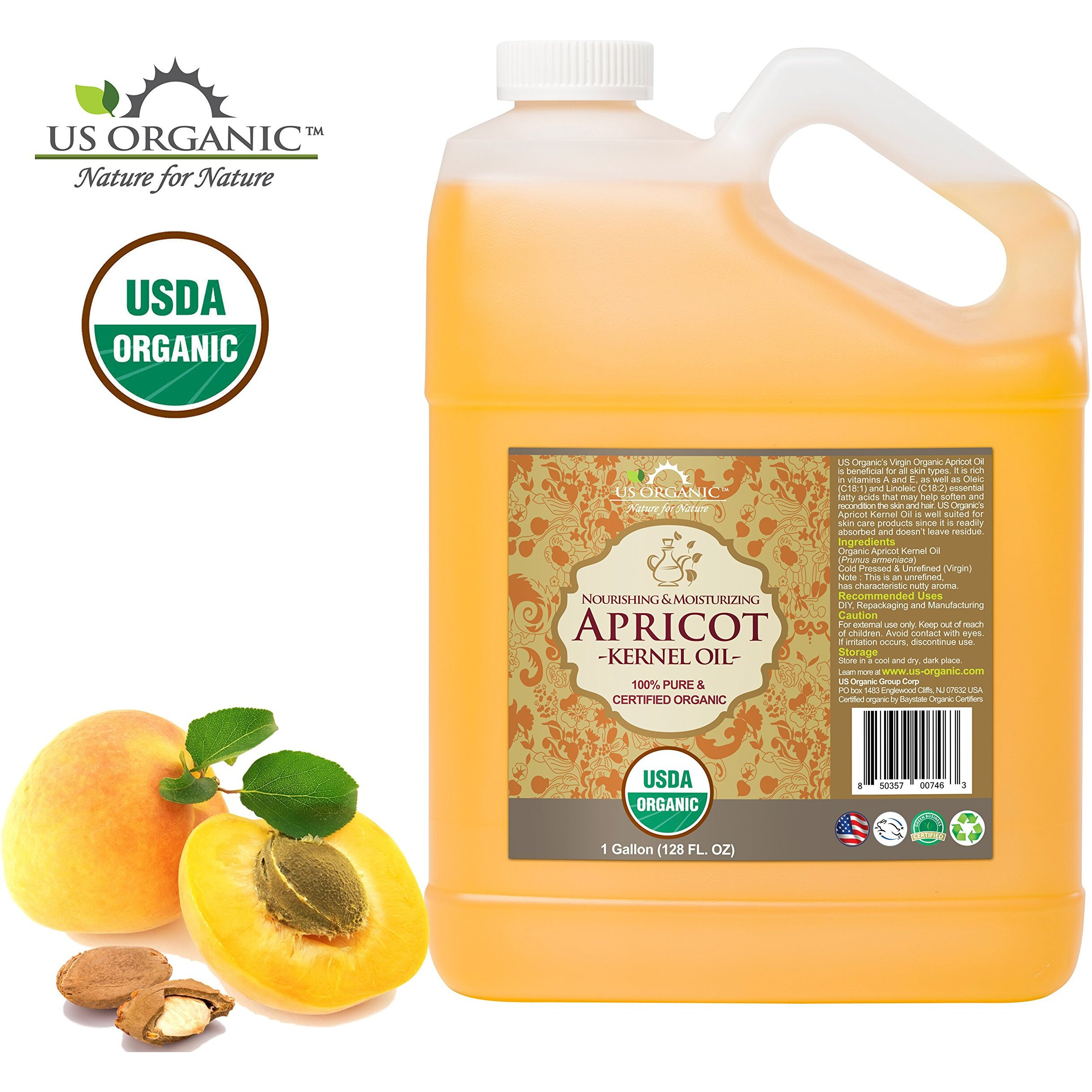 Us Organic Apricot Kernel Oil, Usda Certified Organic,100% Pure & Natural, Cold Pressed Virgin, Unrefined, Size For Diy And Small Manufacturers (128 Oz (1 Gallon))