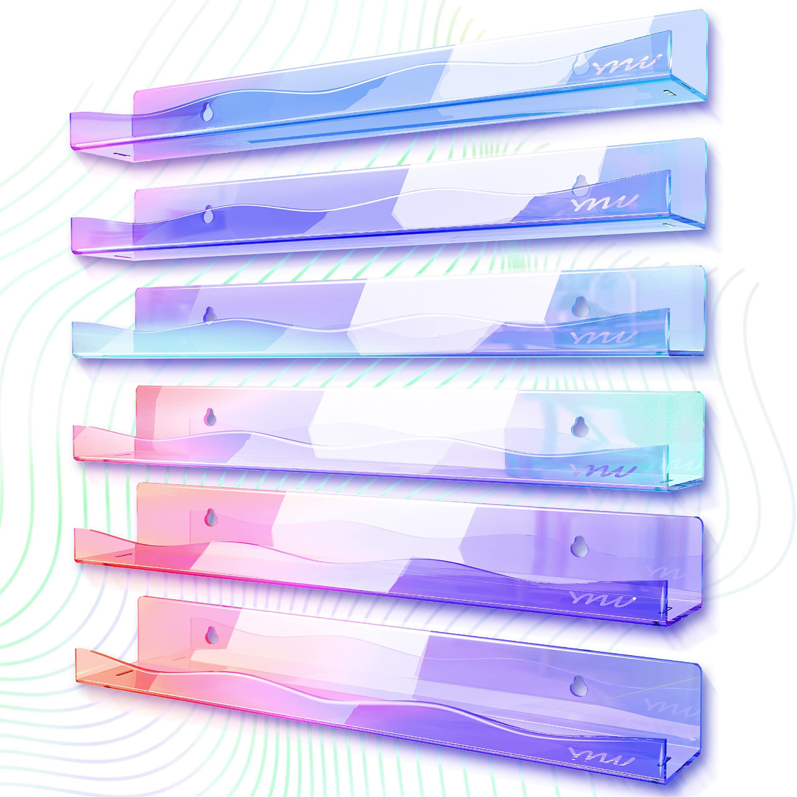 Ymvv Iridescent Acrylic Nail Polish Wall Racks,15"" Increased Width Clear Rainbow Wall Mounted Shelves Nail Polish Organizer,Sunglasses Essential Oil Storage Shelf Display 6 Pack