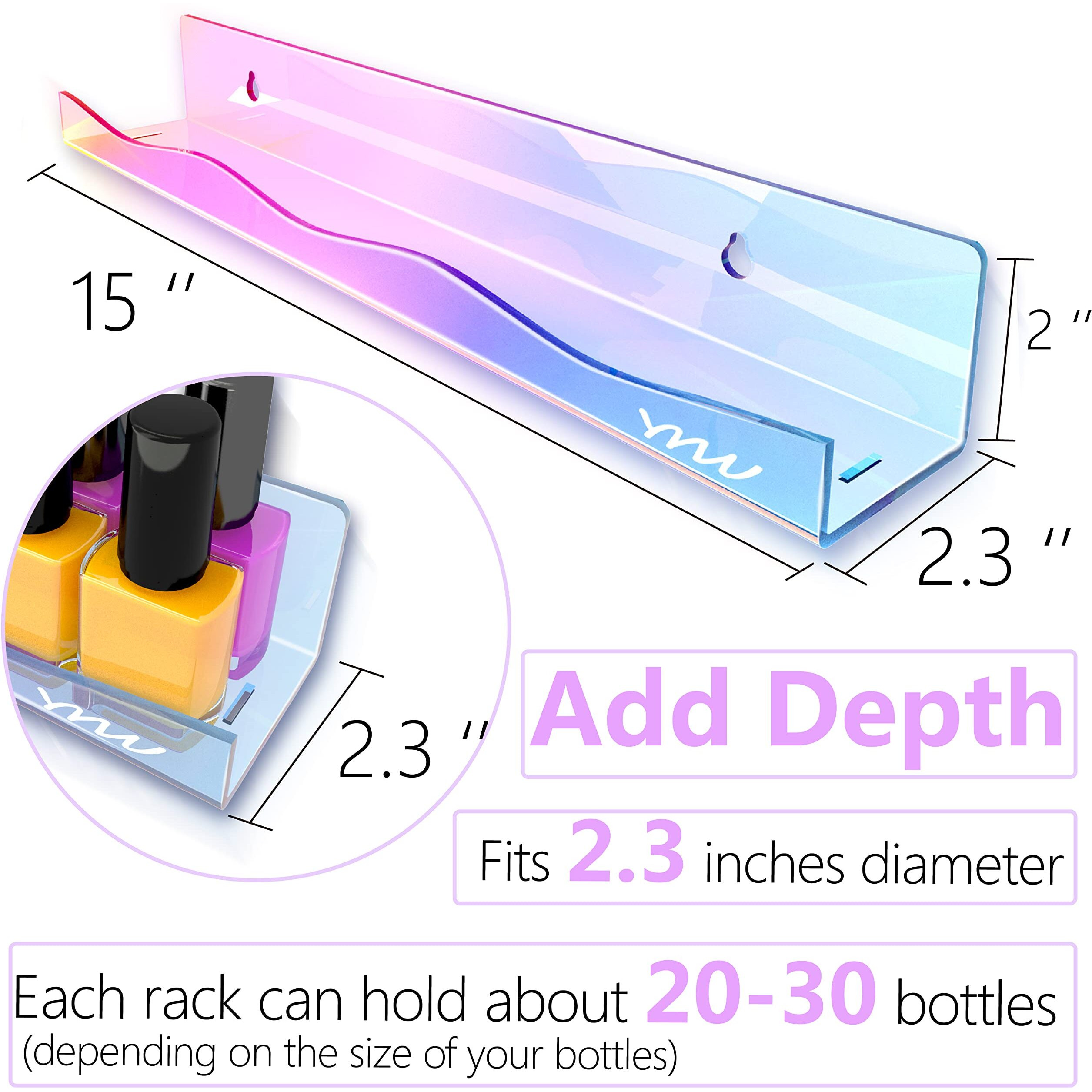 Ymvv Iridescent Acrylic Nail Polish Wall Racks,15"" Increased Width Clear Rainbow Wall Mounted Shelves Nail Polish Organizer,Sunglasses Essential Oil Storage Shelf Display 6 Pack