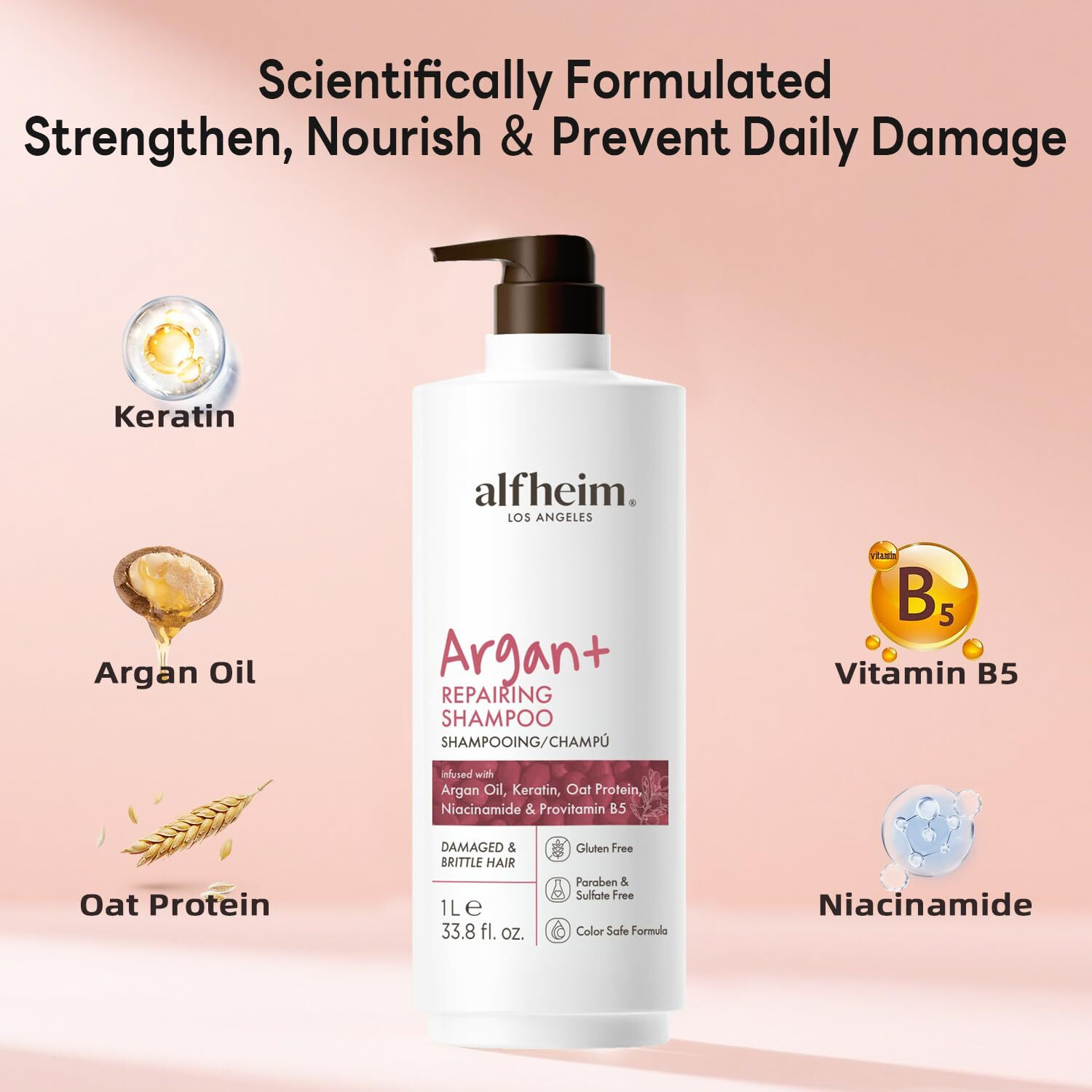 Alfheim Argan+ Repairing Shampoo | Argan Oil & Hydrolyzed Keratin For Deep Hydrating & Strengthening | Sulfate-Free For Dry, Damaged & Fragile Hair | Reduce Breakage And Frizz | 33.8 Fl Oz