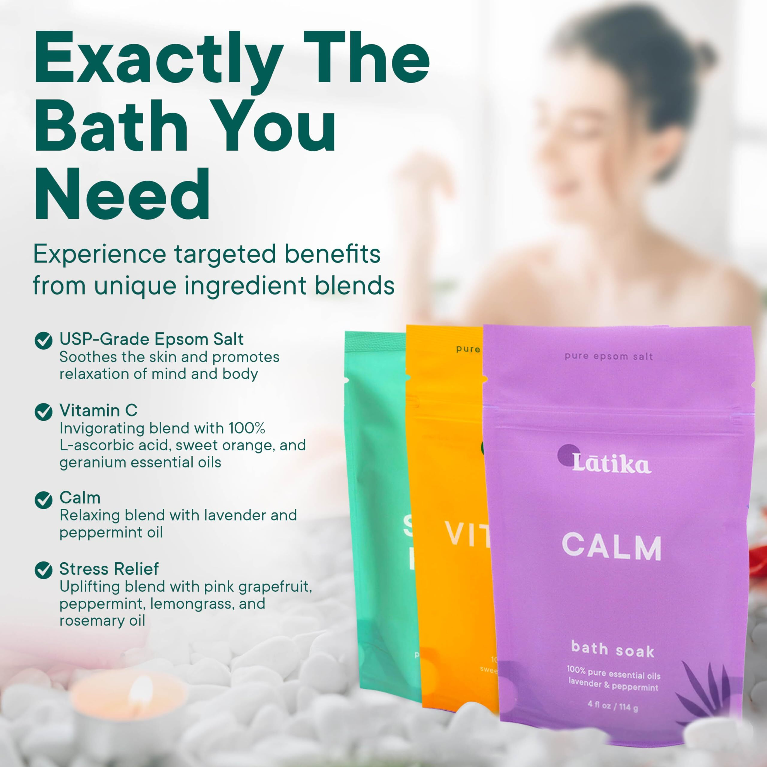 Latika Soaks Set Of 3 - Rejuvenate, Calm & Stress Relief Bath Soak With Essential Oils | Epsom Salt For Muscle Recovery & Skin Nourishment | Vitamin C, Lavender Mint, Grapefruit & More