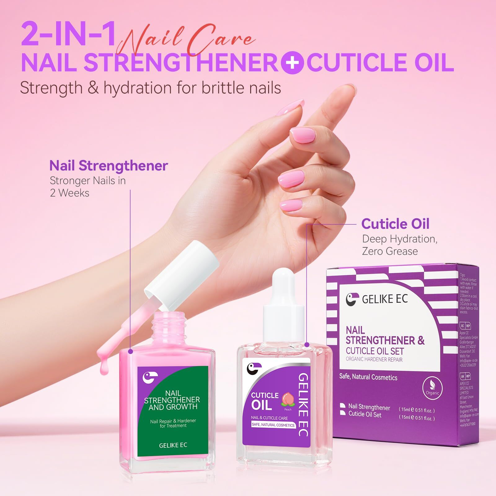 Gelike Ec Nail Care Gift Set Pink Fingernail Strengthener & Peach Cuticle Oil 15Ml - Cute & Fruity Manicure Set For Thin Peeling Nails - Women Mom Girlfriend Teens Girls Favorite