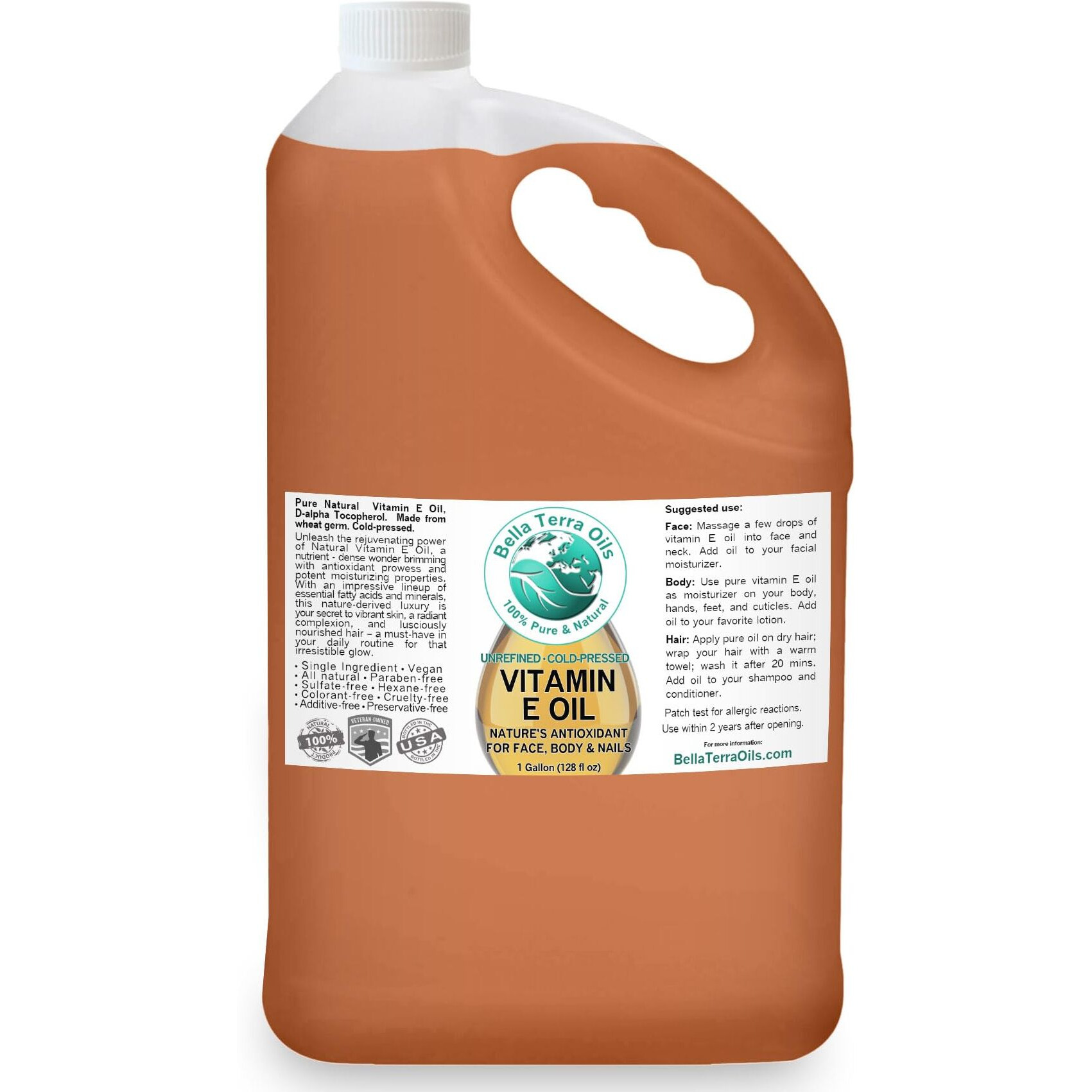 Bella Terra Oils Pure Vitamin E Oil, All Natural, D-Alpha Tocopherol - 1 Gallon, Derived From Wheat Germ, Supports Skin & Hair Health