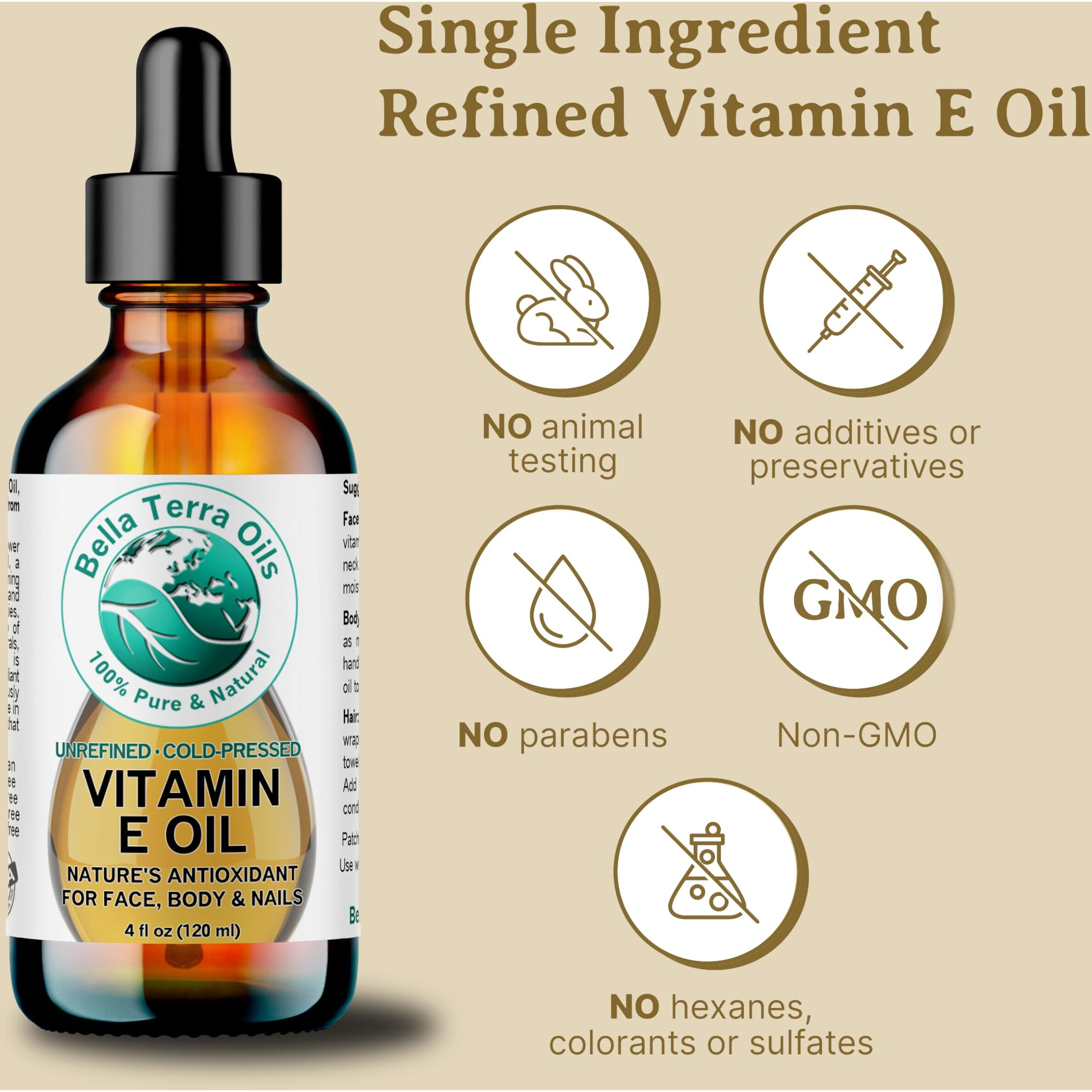 Bella Terra Oils Pure Vitamin E Oil, All Natural, D-Alpha Tocopherol - 1 Gallon, Derived From Wheat Germ, Supports Skin & Hair Health