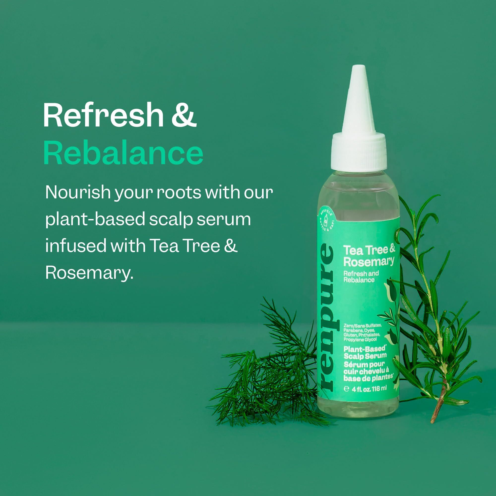 Renpure Tea Tree & Rosemary Scalp Serum, Plant-Based - Refreshing & Rebalancing - For Moisturized, Soft Hair - For Oily/Normal Hair- Tea Tree Leaf Oil, Rosemary Leaf Extract - 4 Fl Oz