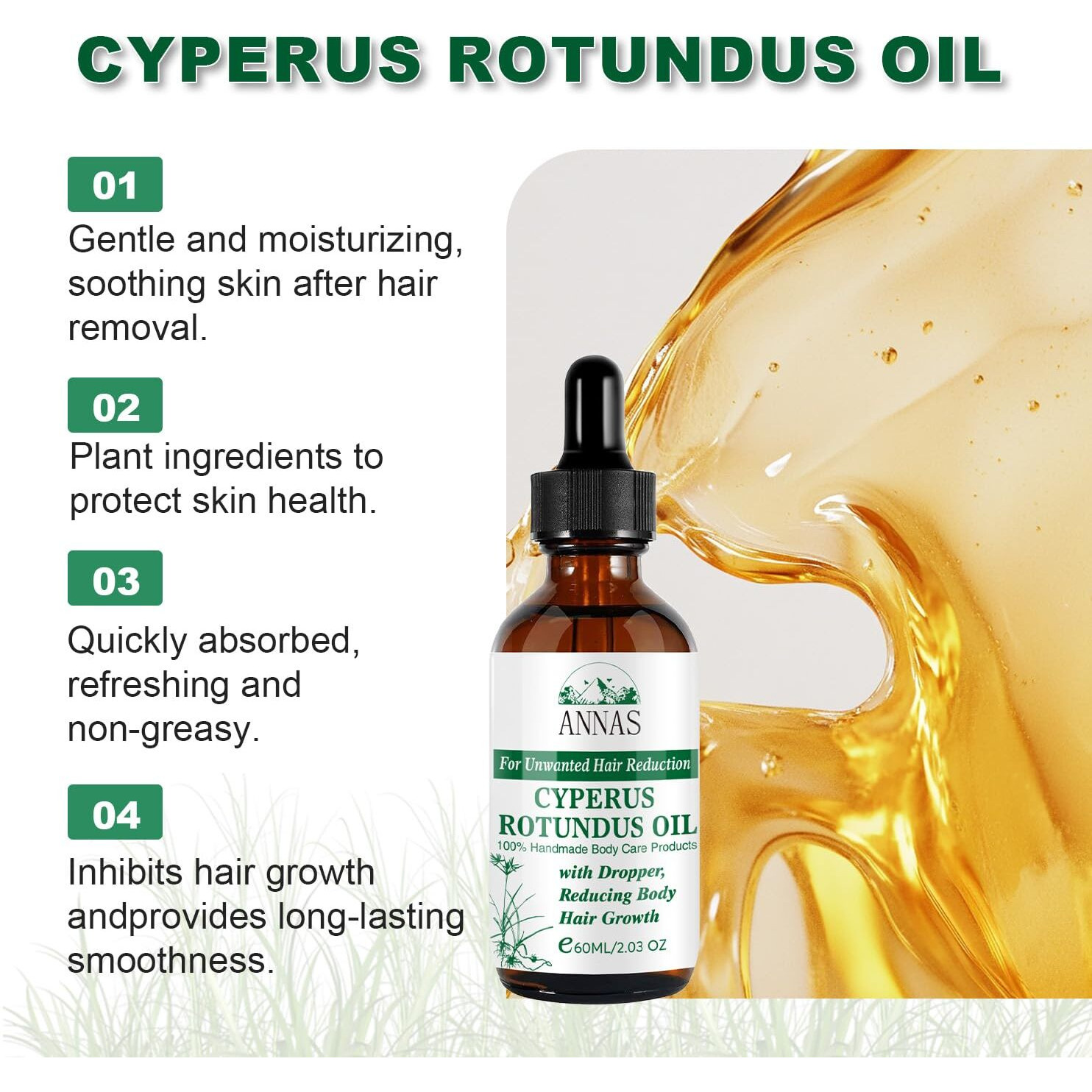 Cyperus Rotundus Oil For Hair Removal,100% Natural Cyprus Oil, Recommended Organic Formula,Reduces Hair Growth, Soothes Skin, Ideal For Men & Women, 60Ml