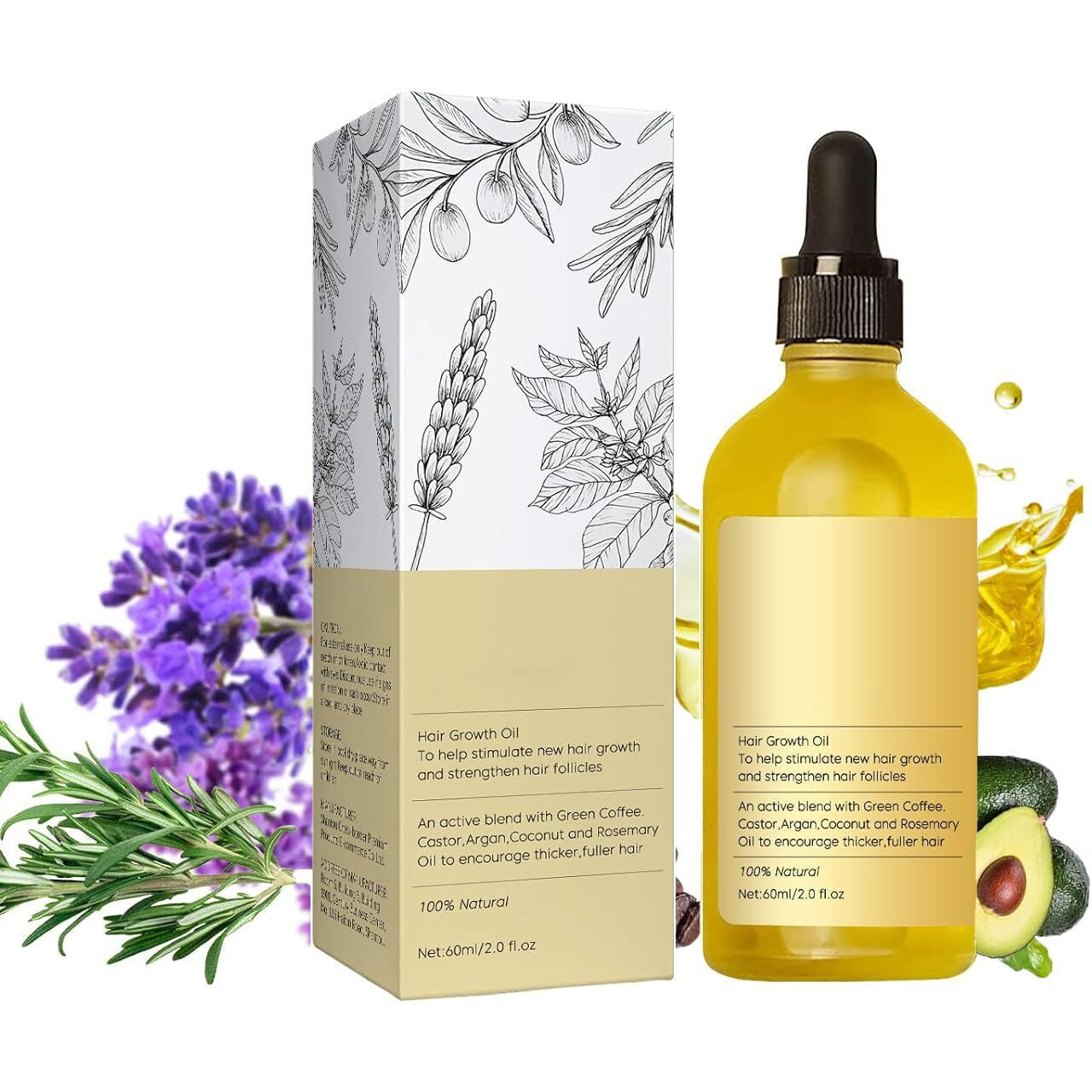 Veganic Natural Hair Growth Oil, Veganic Hair Growth Oil, Hair Oil, Rosemary Hair Growth Oil For Dry Damaged Hair And Growth Thin Hair, 2Fl Oz, 60Ml