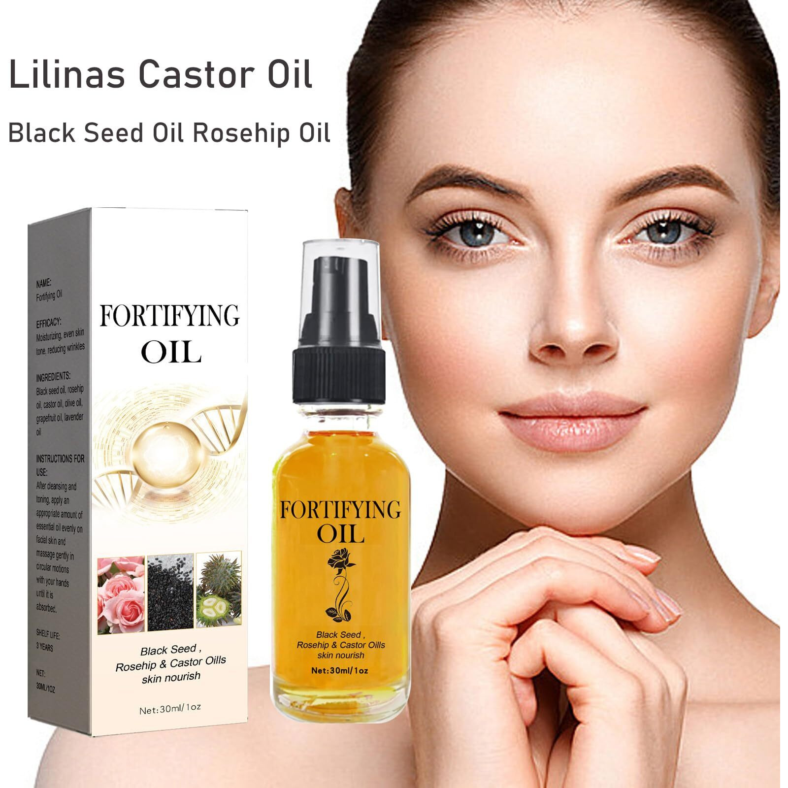 Lilinas Castor Oil - Castor Oil Black Seed Oil Rosehip Oil Face Serum, Lilinas Castor Oil For Face, Lilinas Oil Mixture, Oil For Face Castor Blackseed Rosehip Serum, Organic Golden Castor Oil (2Pcs)