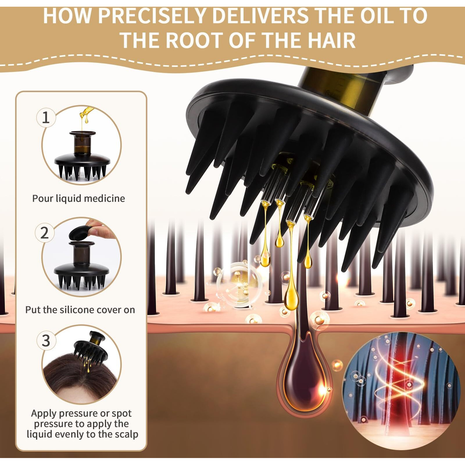 Toculab Hair Oil Applicator Brush For Hair Growth, Scalp Treatment Applicator Comb With Silicone Bristles For Scalp Massager Relaxing, Serums And Oils Comb For Hair Care And Nourishment (Black)