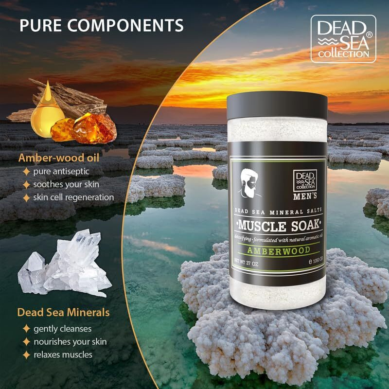 Dead Sea Collection Bath Salts For Men With Amberwood Oil - Muscle Recovery Bath Soak - Mens Pure Dead Sea Salt For Soothing And Relaxing - 37 Oz