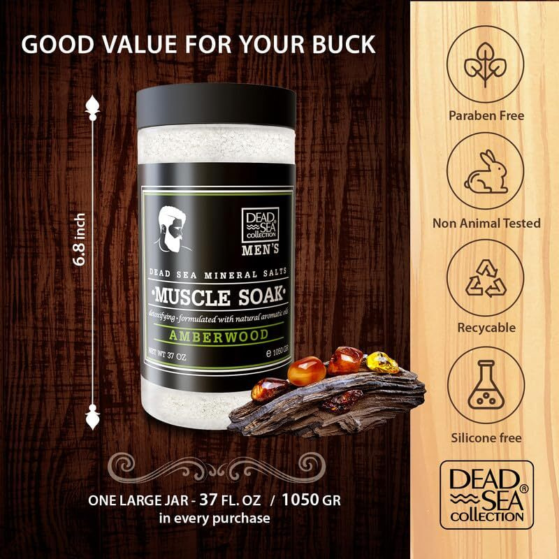 Dead Sea Collection Bath Salts For Men With Amberwood Oil - Muscle Recovery Bath Soak - Mens Pure Dead Sea Salt For Soothing And Relaxing - 37 Oz