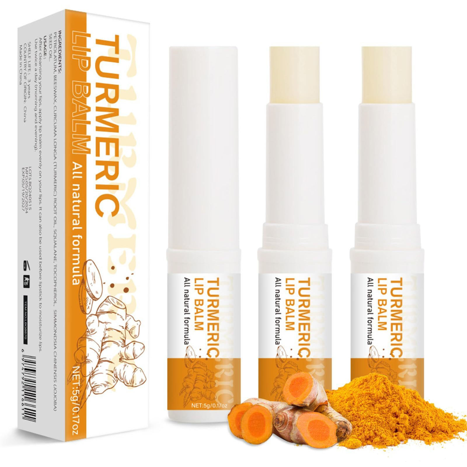 Murend 3Pcs Turmeric Lip Balm For Smokers Dark Lip Treatment With Turmeric Oil, Help Fade Lip, Lip Exfoliator, Long-Lasting Natural Balm Moisturize & Nourish Dry, Cracked, Dull, Reduce Fine Lines Lip