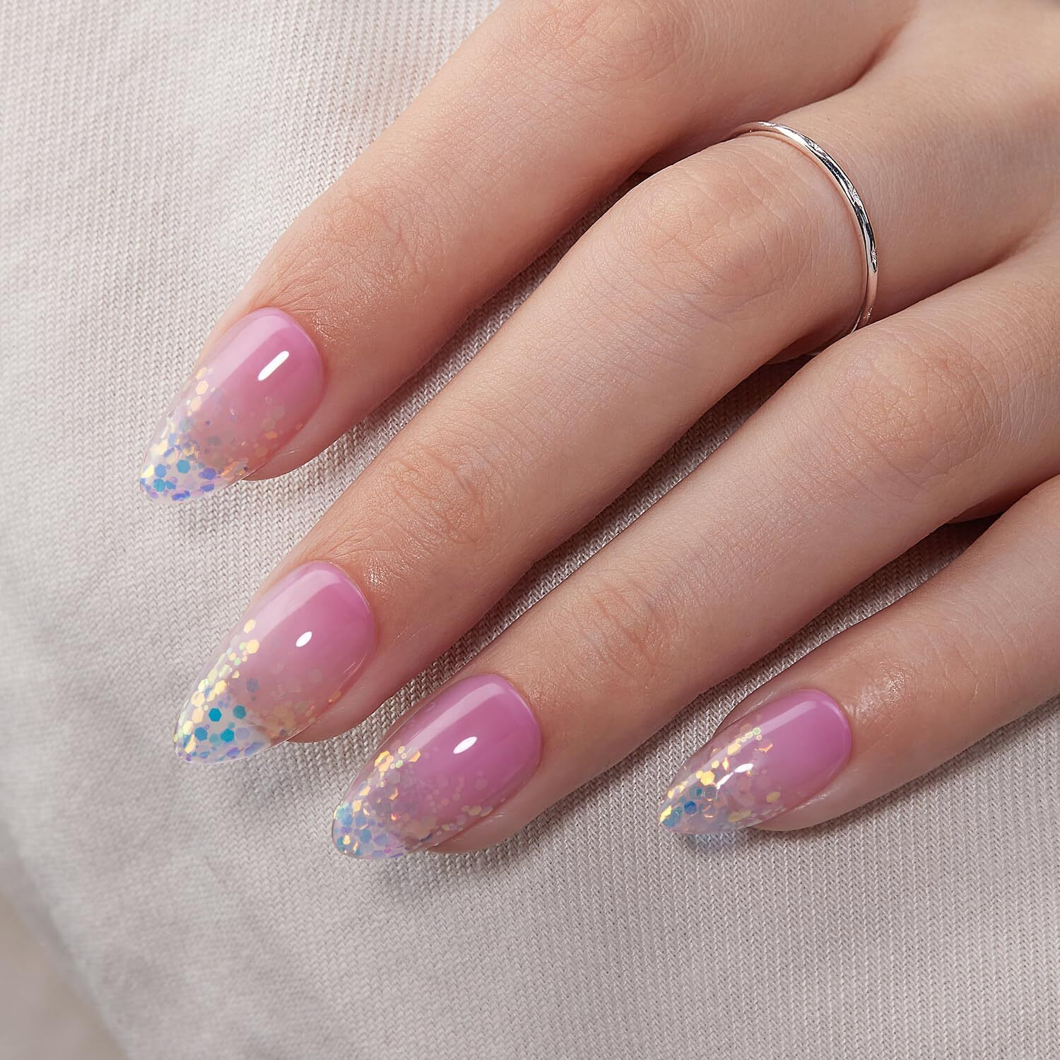 Vsalon Press-On Nails Short Almond - Purple Ombre Blue Sparkle Glitter Design For Woman, Long-Lasting & Reusable Nails With Soft Gel Nail Glue, Protector Oil, Tabs & File - 32 Pcs In 16 Sizes