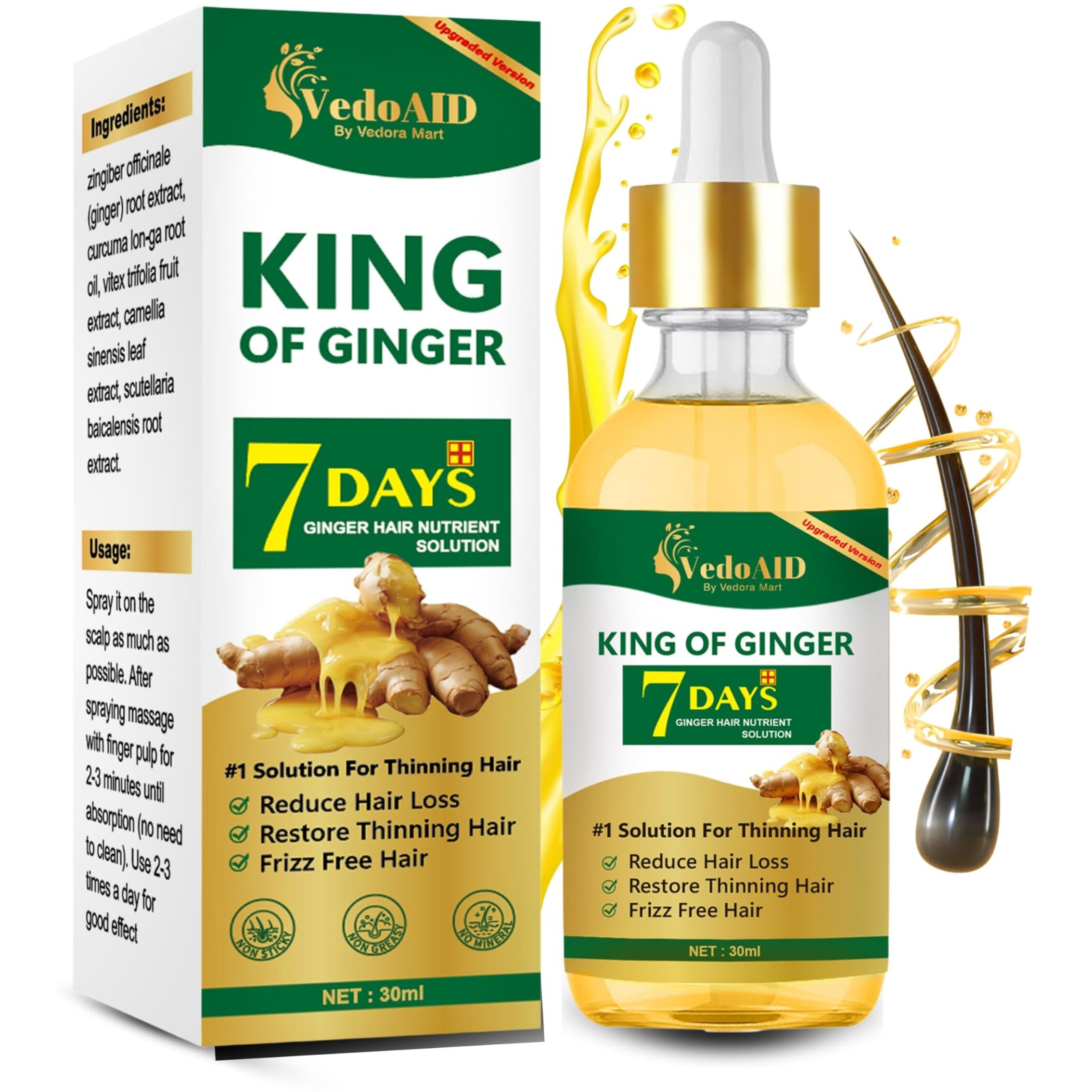 Vedoaid Ginger Oil For Hair Growth - Biotin Hair Growth Serum, 100% Pure Natural Ginger Essential Oil - Promotes Stronger, Thicker, Longer Hair In Women & Men (5Pc, Upgraded Ginger)