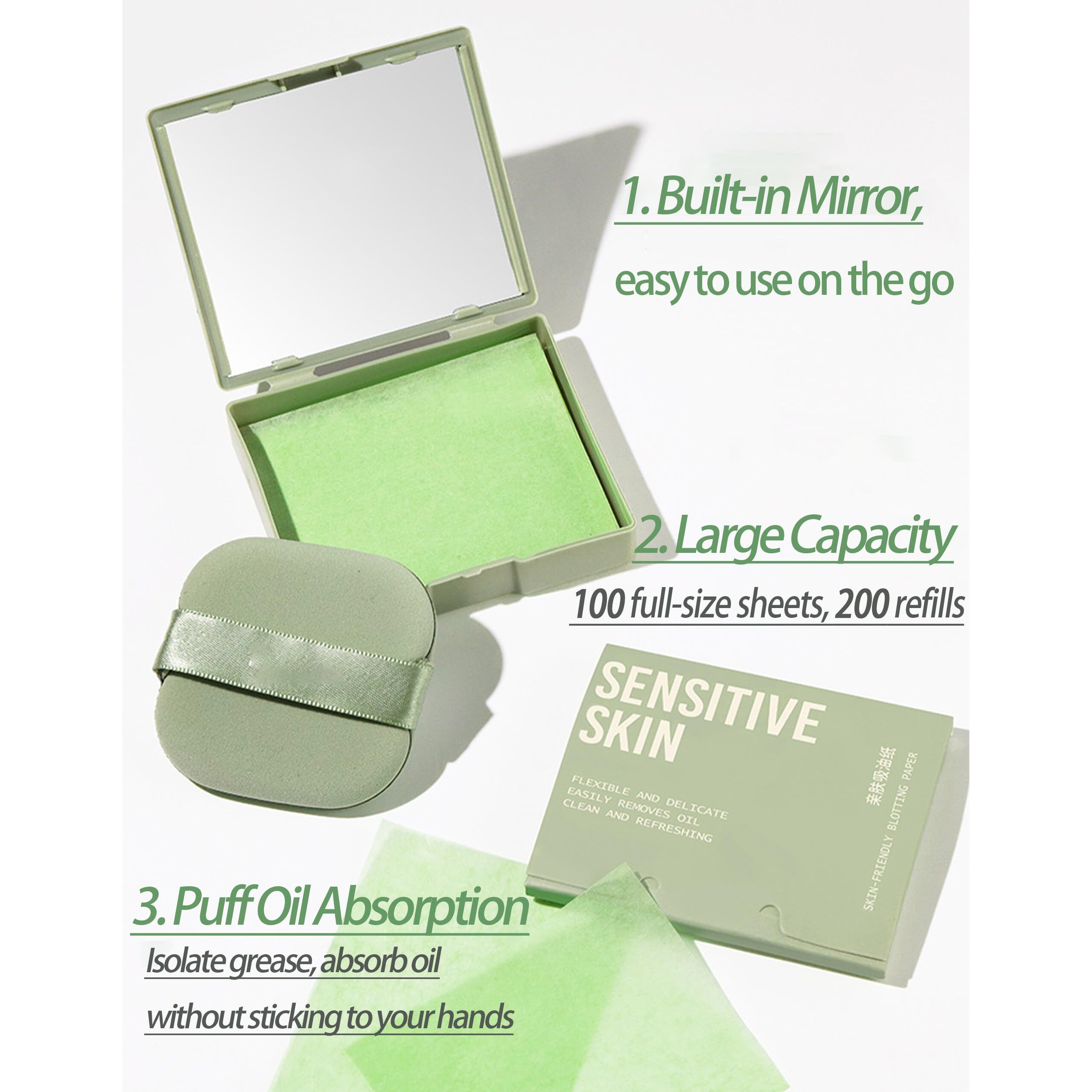 Rose Oil Blotting Paper - 200 Sheets W/Mirror, Puff & Refills, Absorbs Excess Face Oil, Controls Shine, Gentle For Makeup Use