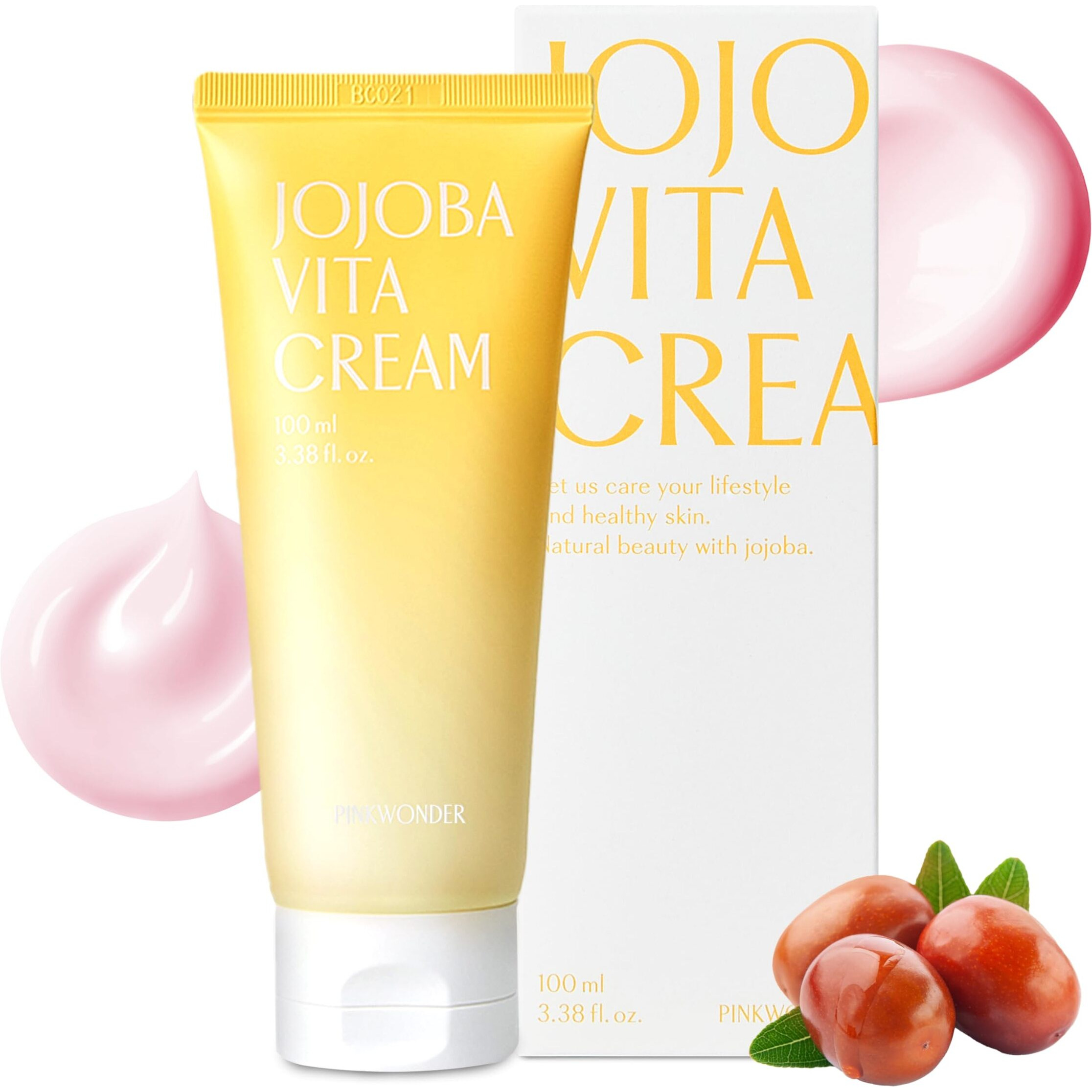Pinkwonder Jojoba Vita Cream 3.38Oz (100Ml), Jojoba Oil And Vitamin B12 Face Cream, Soothing For Sensitive Skin, Hypoallergenic, Korean Skincare