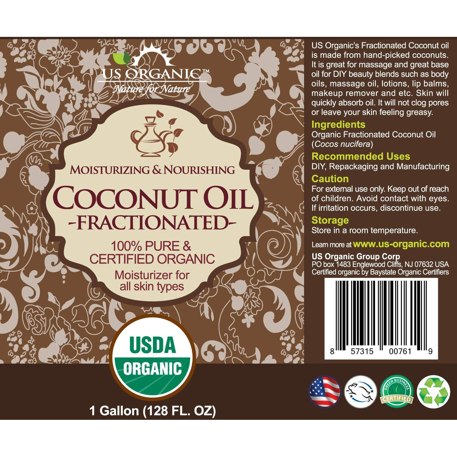 Us Organic Fractionated Coconut Oil Bulk Pack, Usda Certified Organic, Non-Gmo, Perfect For Massage, Carrier Oil For Diy Blends, Hair, Skin Care. 100% Pure, Hexane-Free (128 Oz (1 Gallon))