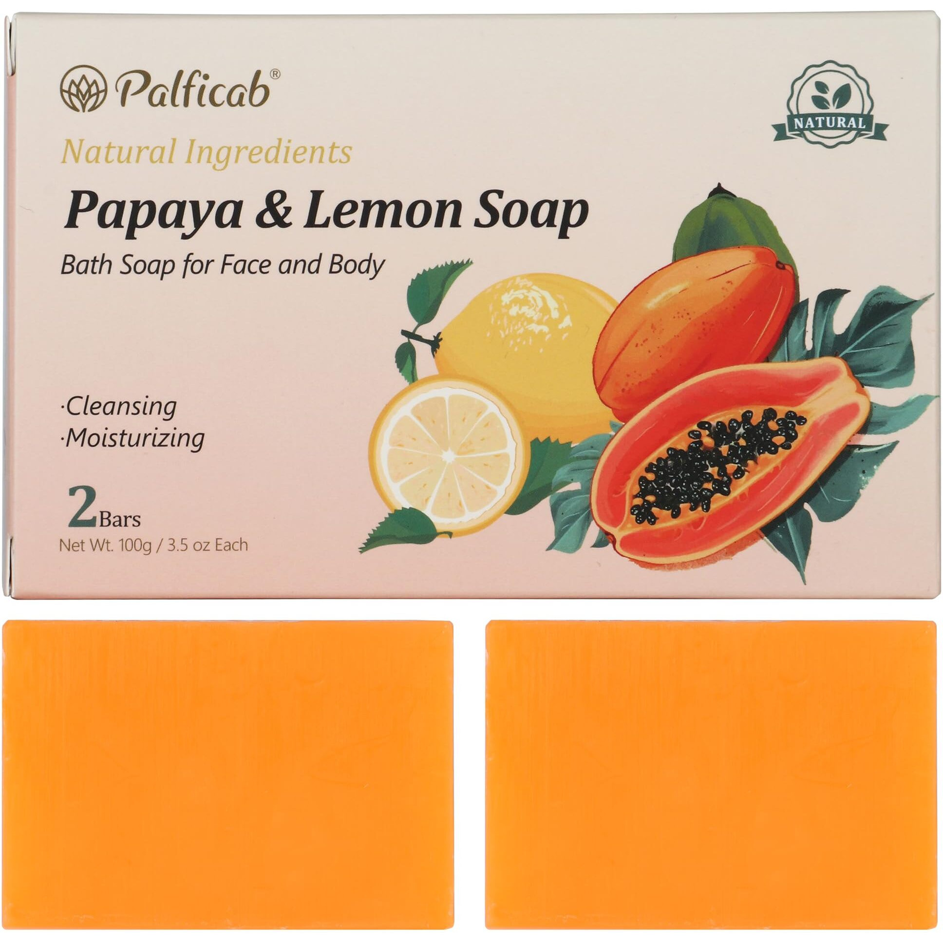 Palficab Natural Papaya & Lemon Soap, Exfoliating Bar Soap For Men & Women, Smooth & Moisturizing Lather With Coconut Oil & Shea Butter, Cruelty-Free, Cleanses & Smooths, Gifts For Women, 2 Bars