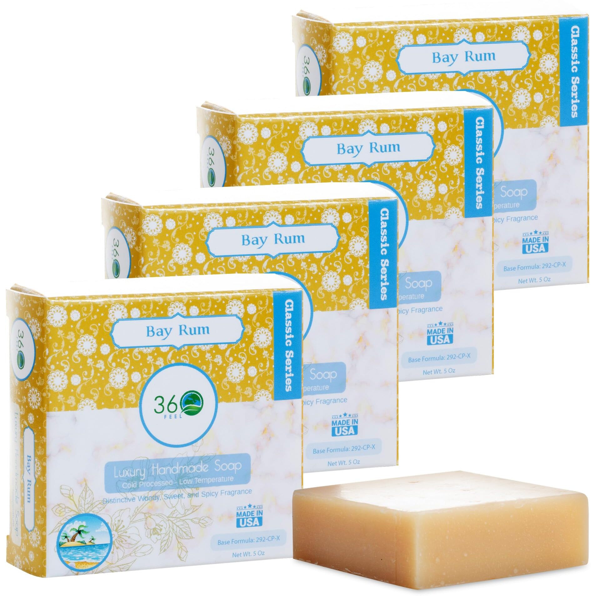 360Feel Bay Rum Soap - Handcrafted Castile Soap Bar With Spicy Scent - Handmade With Bay Rum Essential Oil For Men - A Gift For Anniversaries, Weddings, And Holiday Stockings - Rich Lather - 4 Pack