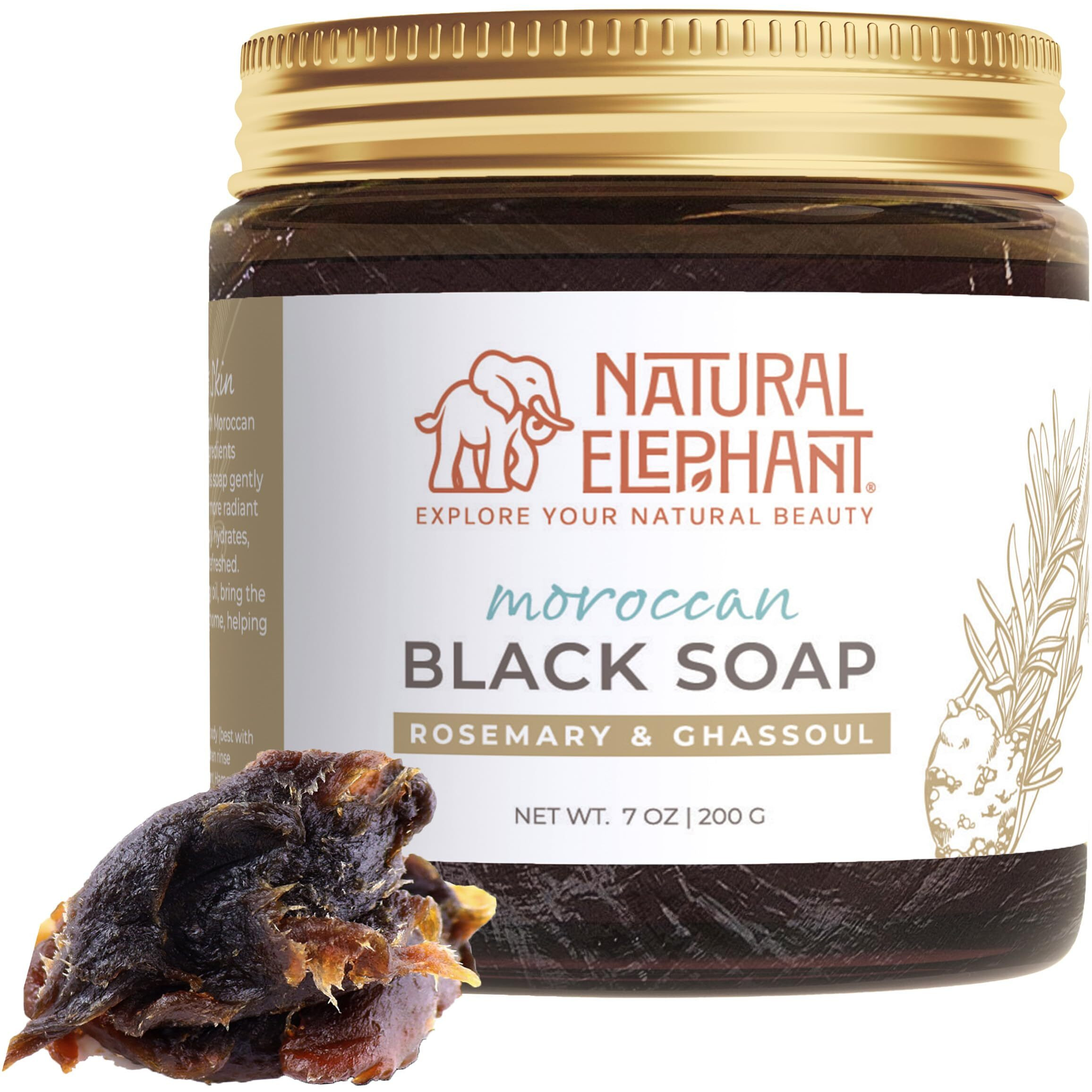 Natural Elephant Moroccan Black Soap 7Oz Traditional Hammam Beldi Soap 100% Natural For Exfoliating And Cleansing (Rosemary Essential Oil And Ghassoul Clay 200G (7Oz))