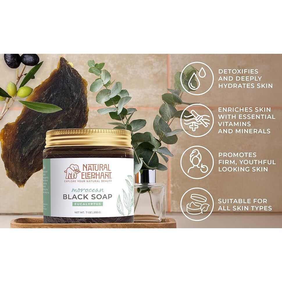 Natural Elephant Moroccan Black Soap 7Oz Traditional Hammam Beldi Soap 100% Natural For Exfoliating And Cleansing (Rosemary Essential Oil And Ghassoul Clay 200G (7Oz))