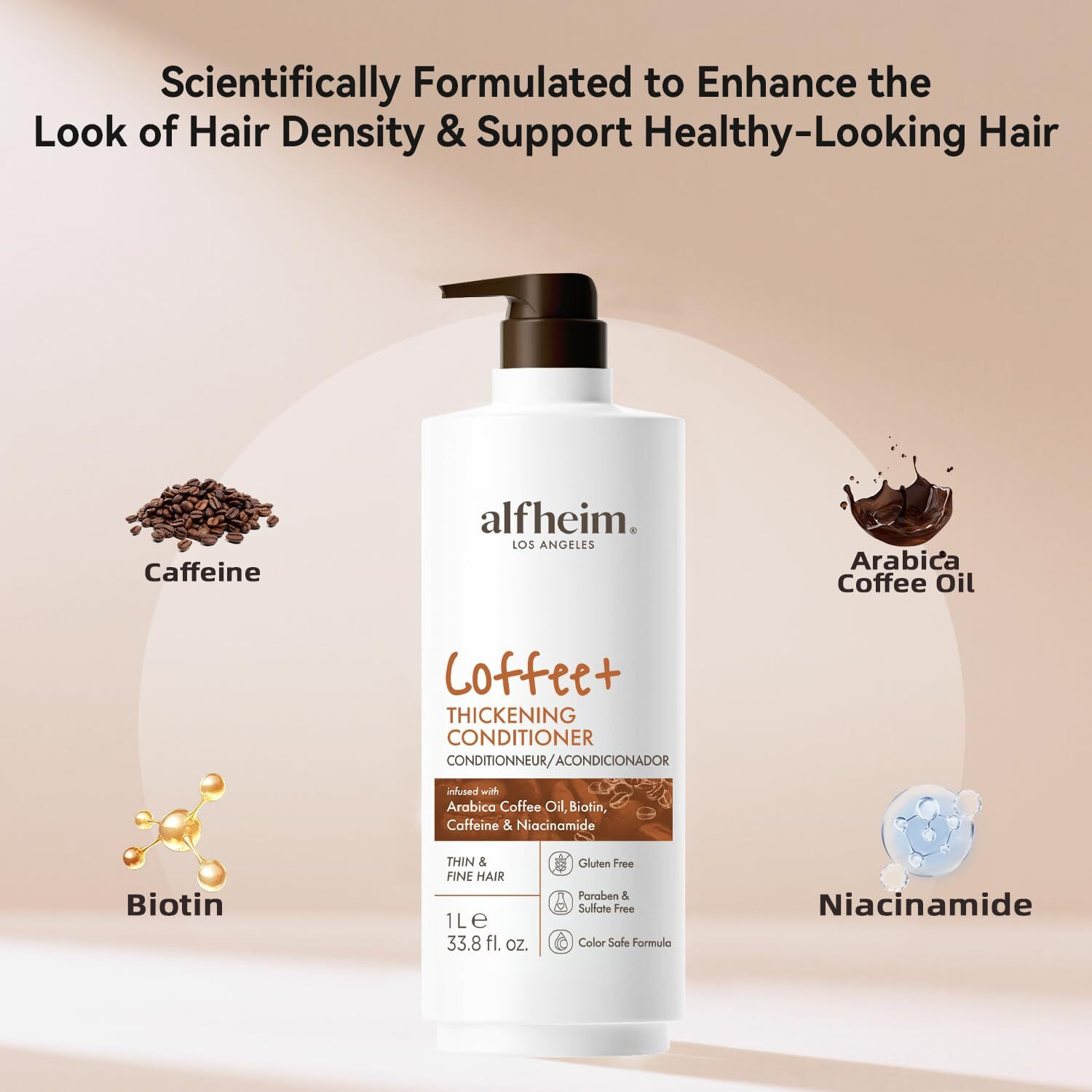 Alfheim Coffee+ Thickening Hair Conditioner | Arabica Coffee Oil + Caffeine & Niacinamide | Thickens & Revives Thin, Weak Hair | Silicone-Free Formula | Safe For Color -Treated Hair | 33.8 Ounce